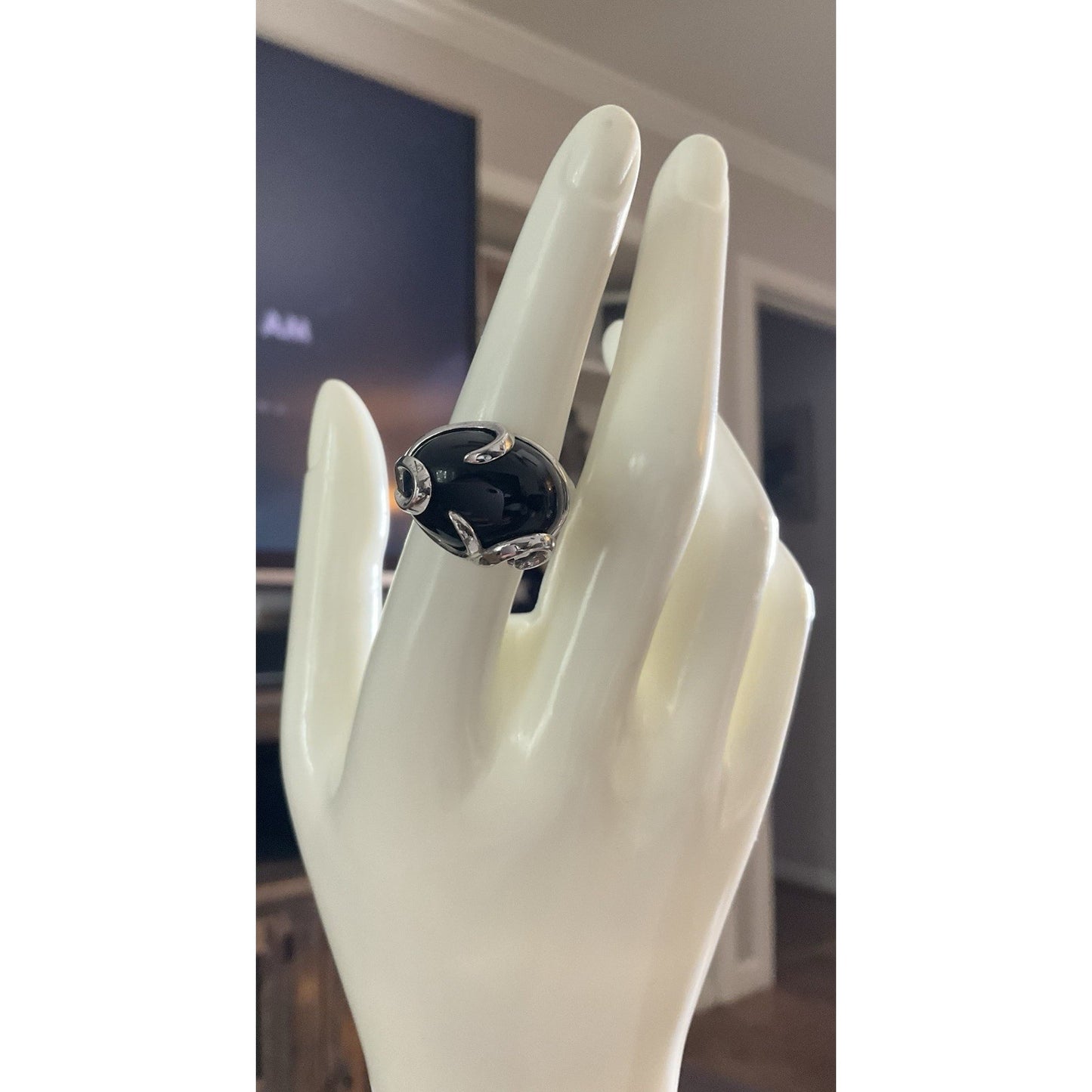 KN 925 Sterling Silver Black Onyx Ring Size 7.5 Large Cabochon