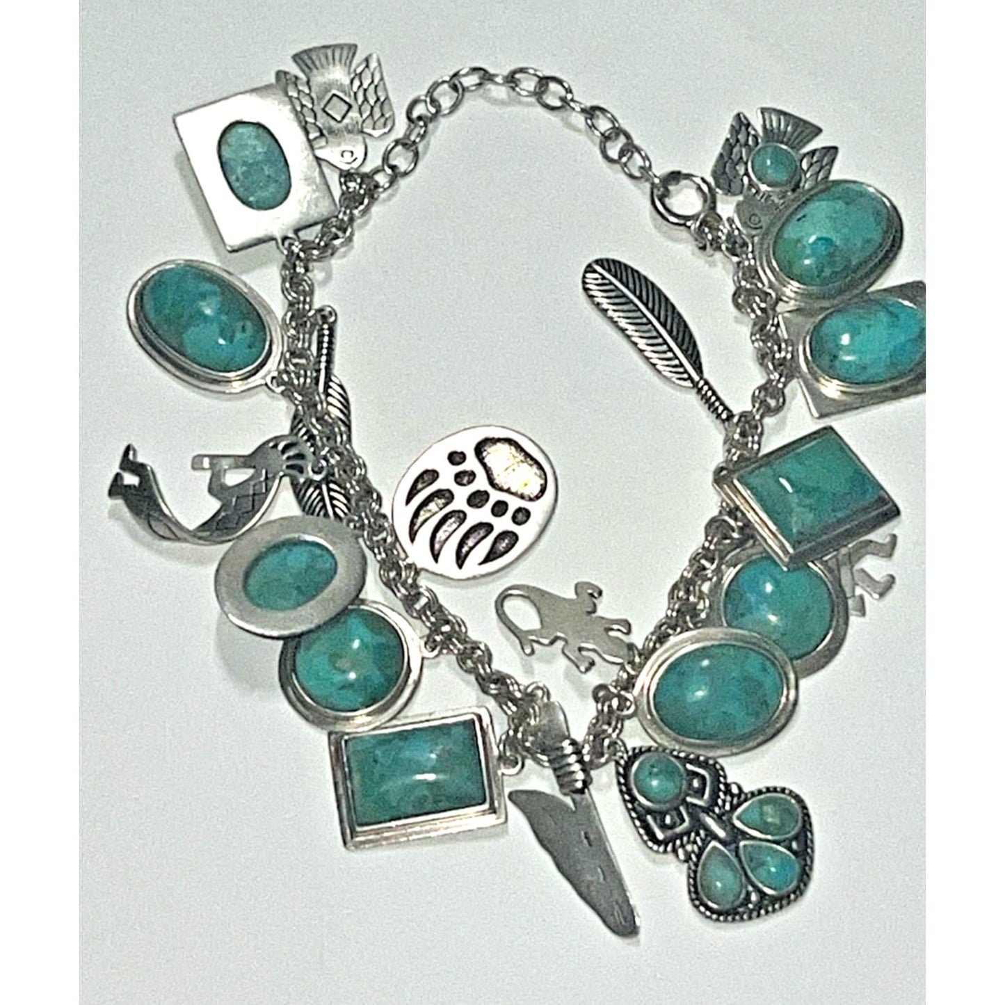 Vintage Sterling Silver Turquoise Charm Bracelet Southwestern Native Style 44g