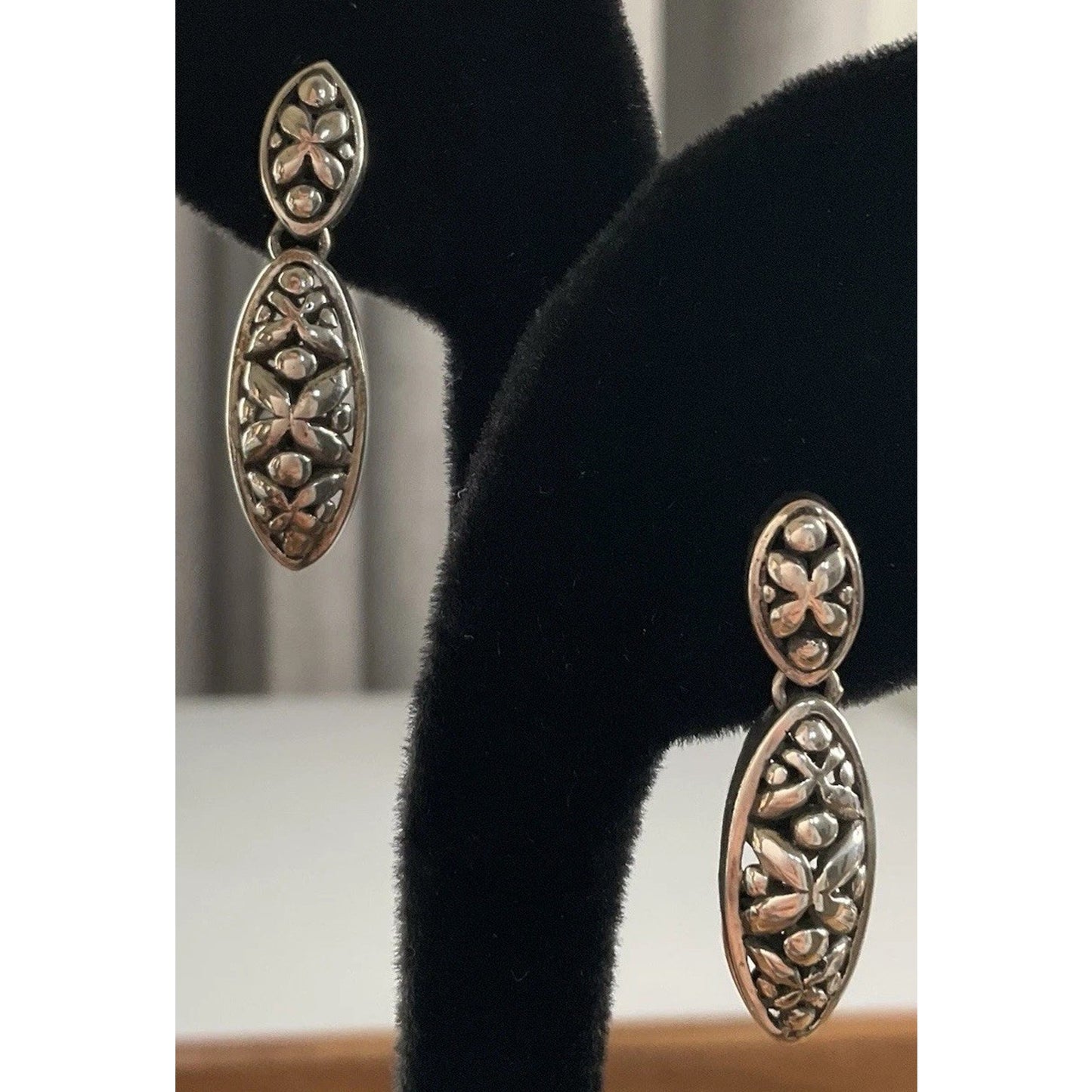 Sterling Silver Bali Style Floral Dangle Earrings 925 Boho Drop 7gr