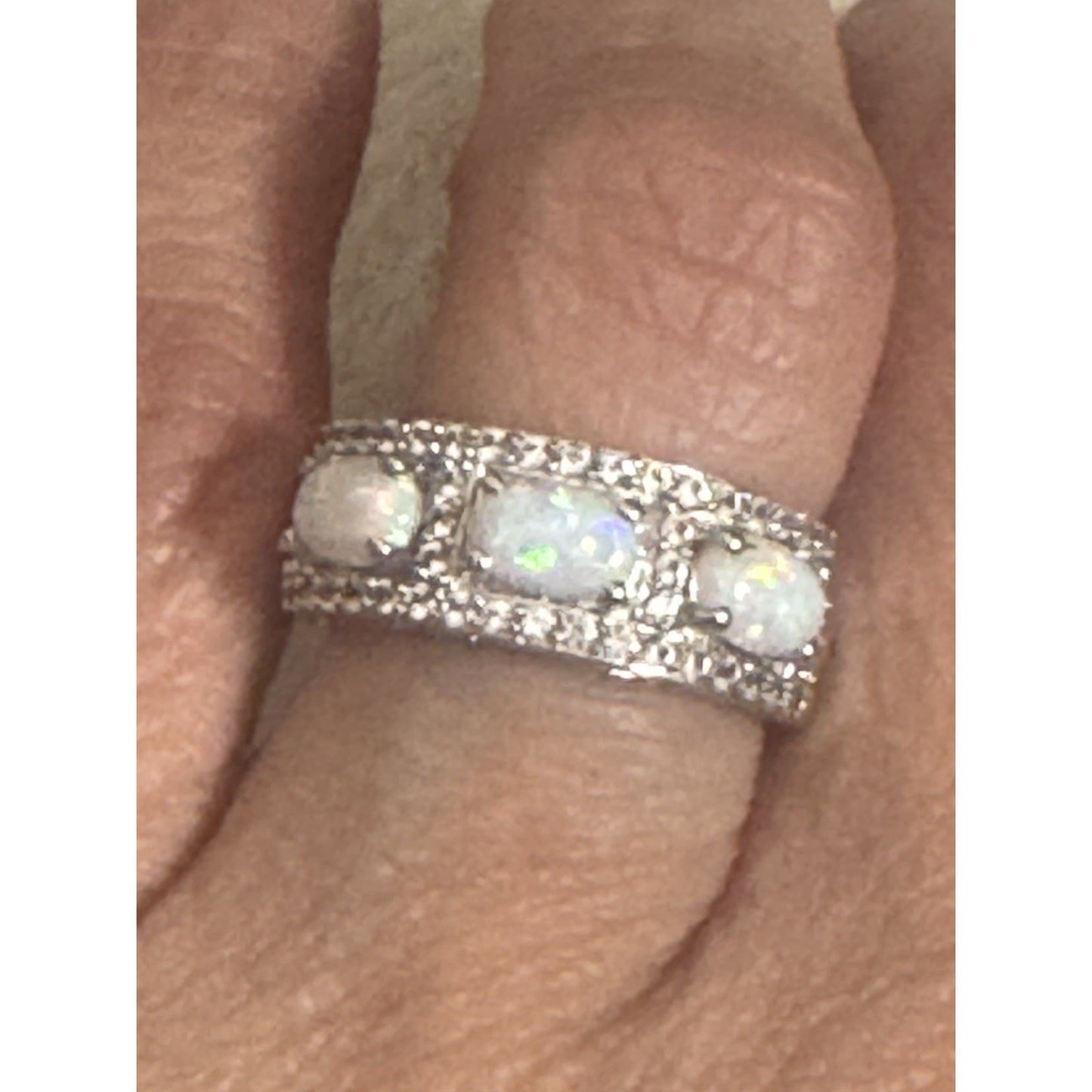 Signed SUN 925 Sterling Silver 3 Stone Oval Opal Ring Pave Size 6.5 Wide Band