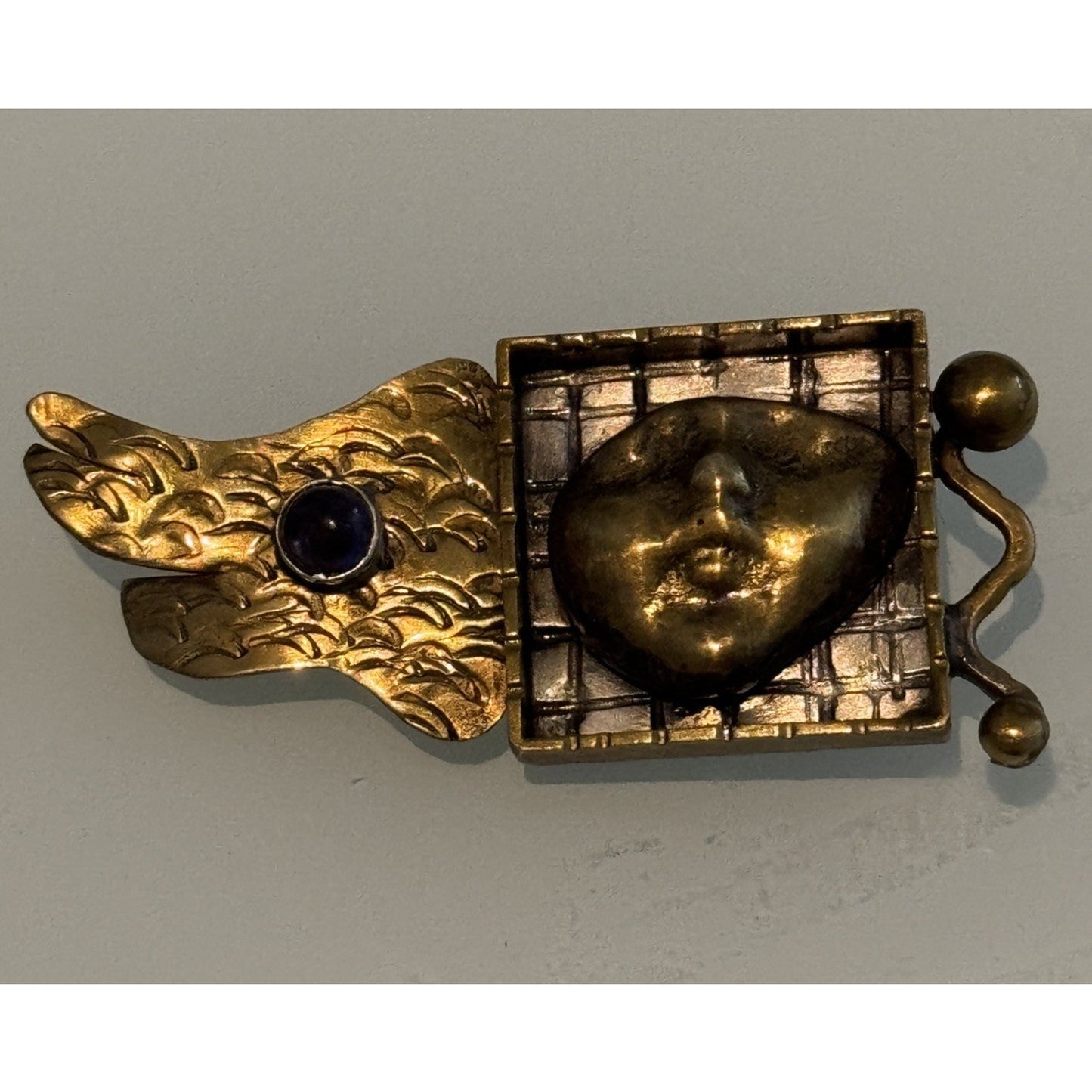 Mary Lucuk Sterling Silver Brass Face Brooch Artisan Modernist Pin Blue Cabachon