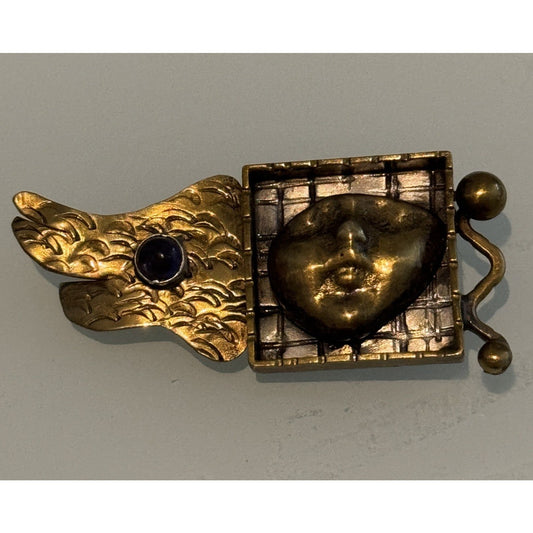 Mary Lucuk Sterling Silver Brass Face Brooch Artisan Modernist Pin Blue Cabachon