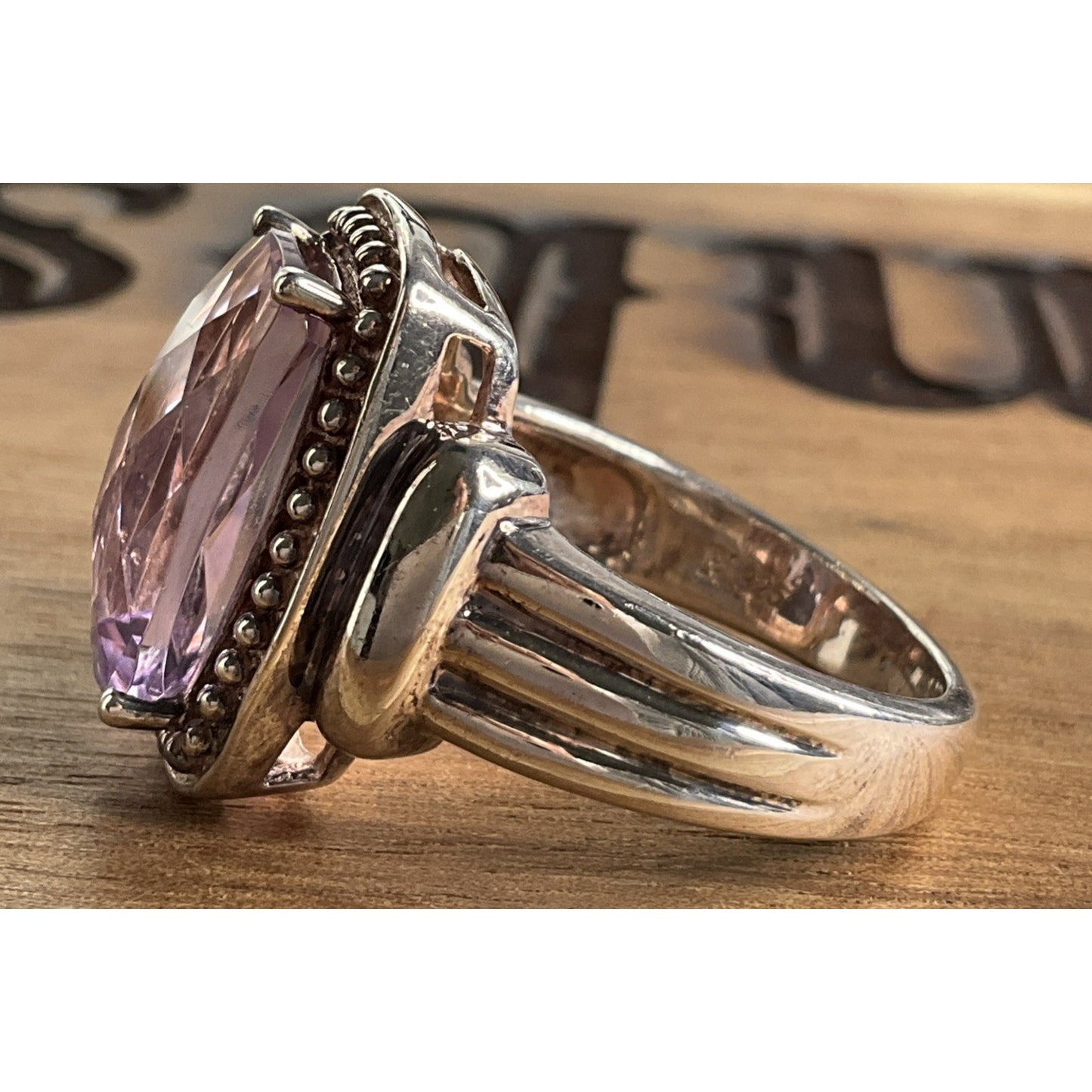 Vintage Sterling Silver Pink Lavender Quartz Cocktail Ring Statement Size 10