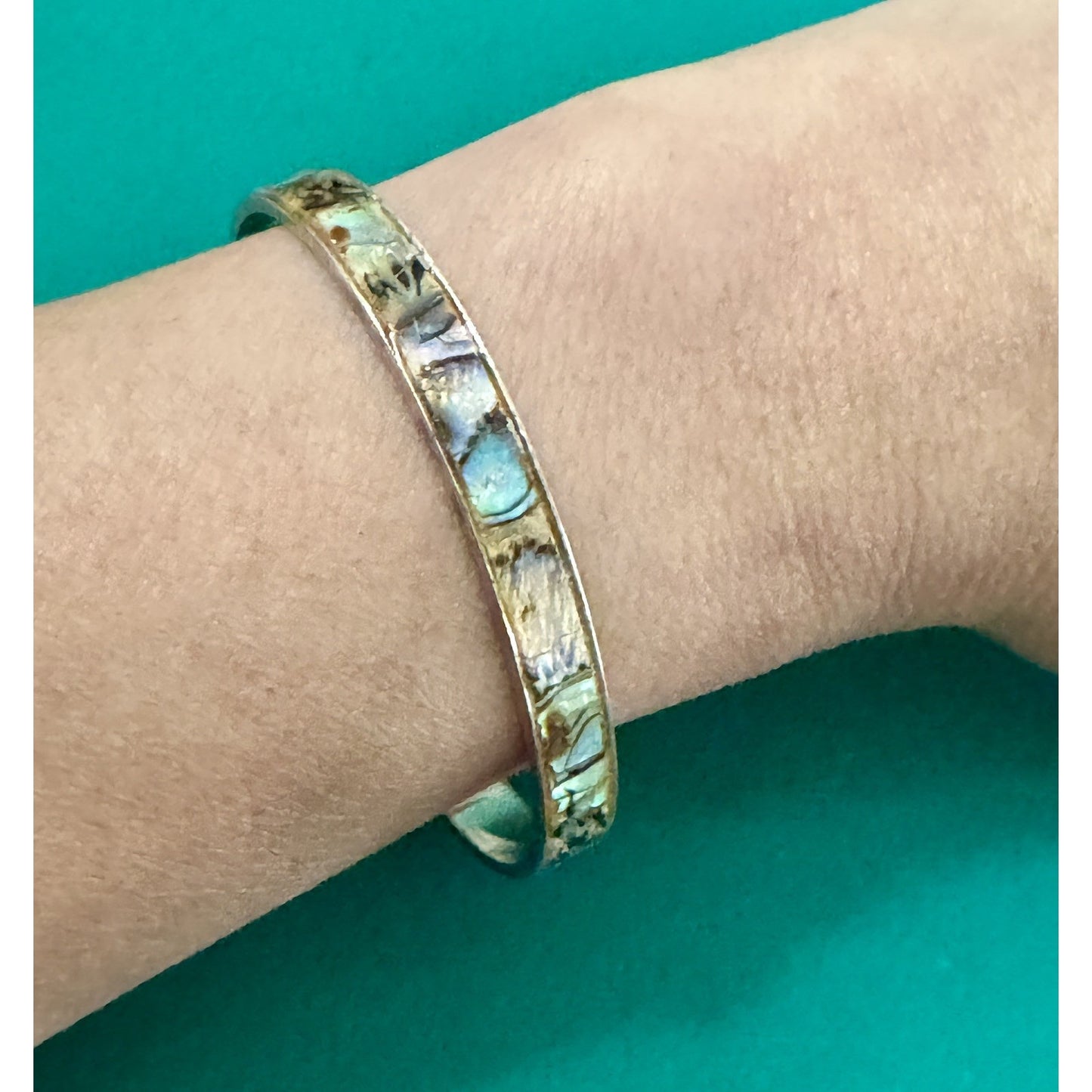 Vintage Abalone Shell Mosaic Inlay Silver Tone Cuff Bracelet 15g Adjustable