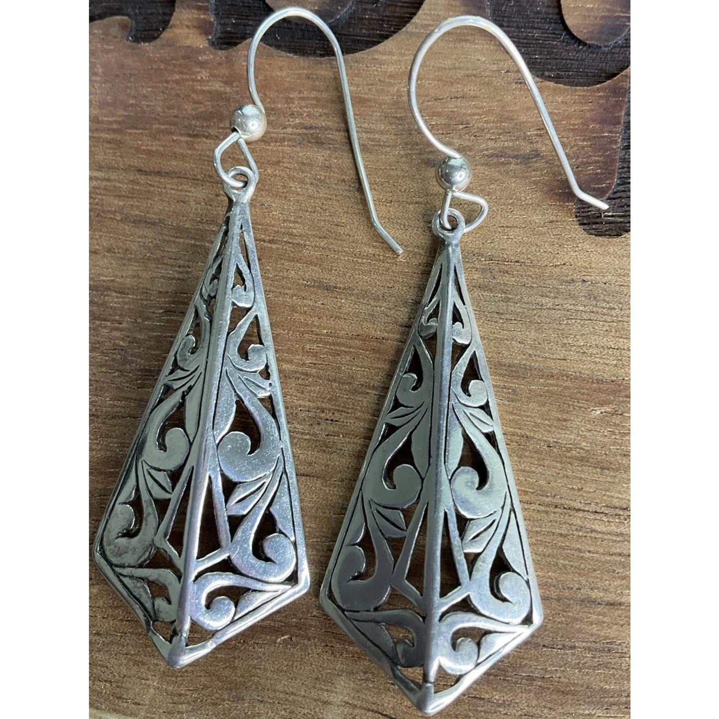 Vintage Sterling Silver Open Work Ornate Scroll Vine Hook Dangle Earrings Signed