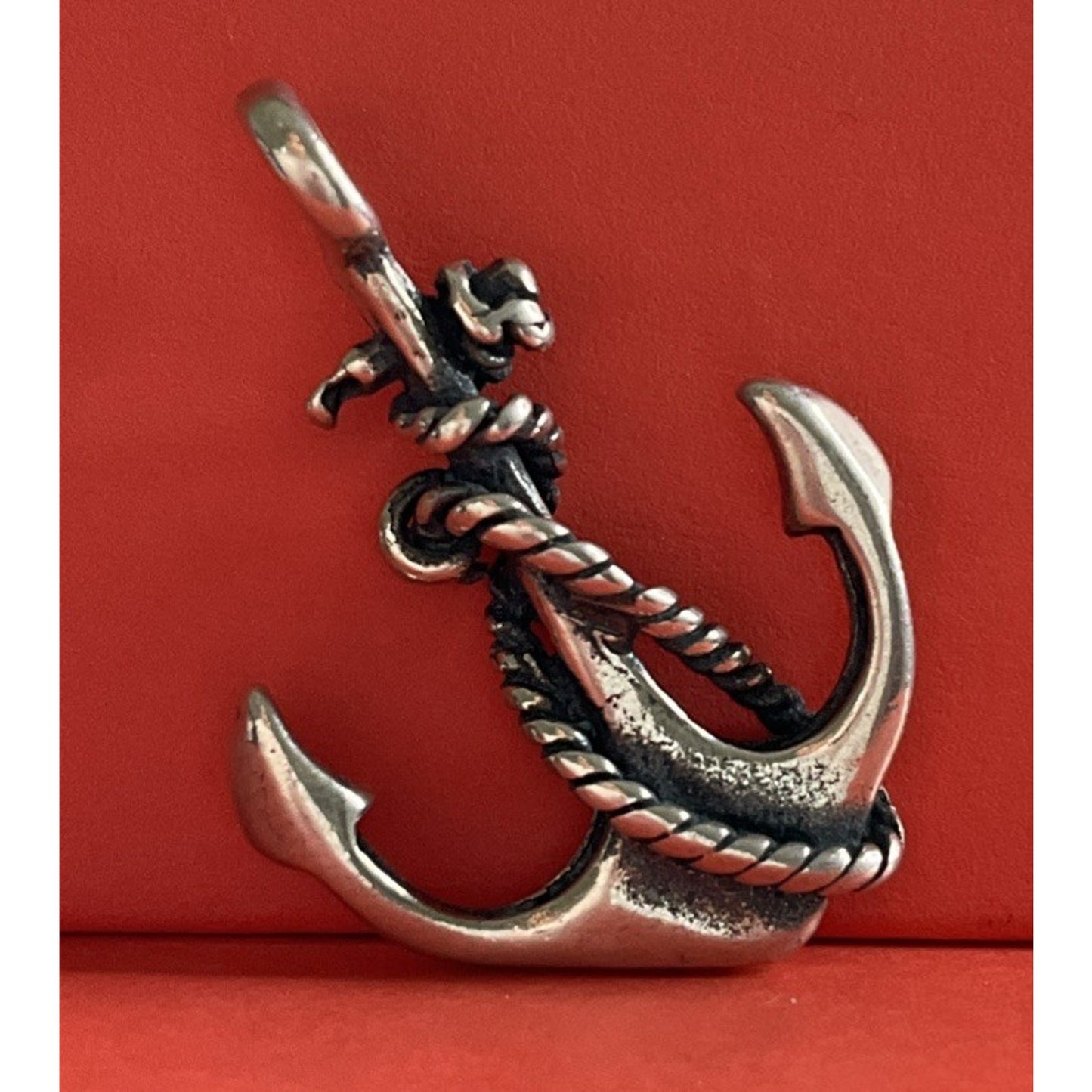 Vintage Sterling Silver Nautical Anchor Charm Pendant Rope Detail Sailor Boho