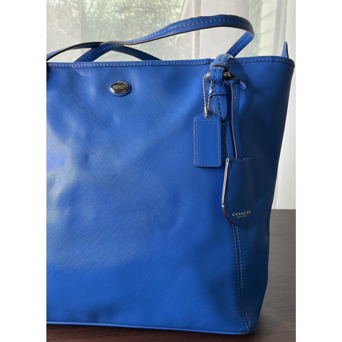 Coach Peyton Leather Cerulean Blue Zip Top Tote Bag Purse