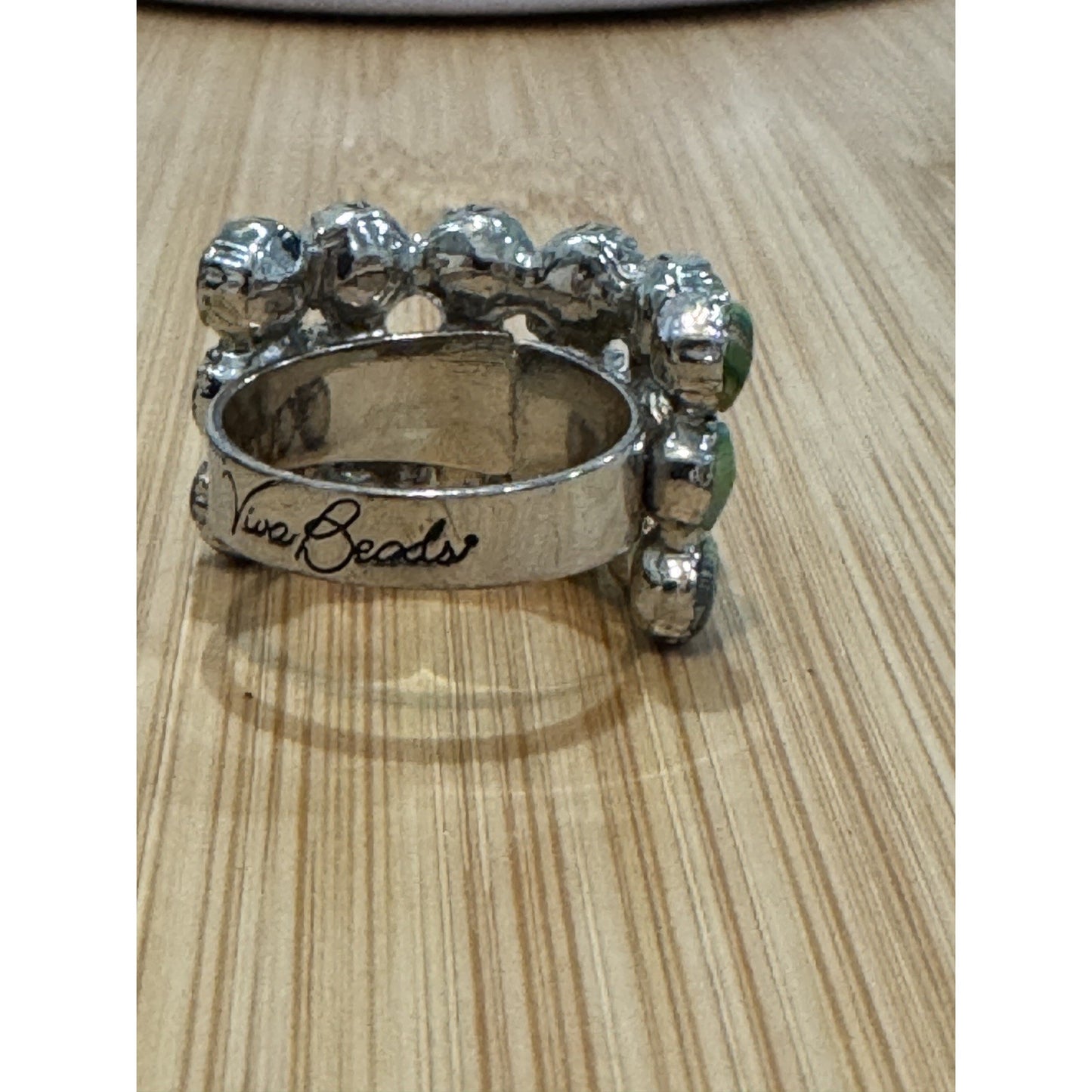 Viva Beads Green Hand Painted Statement Ring Silver Tone Wide Band Size 6.75