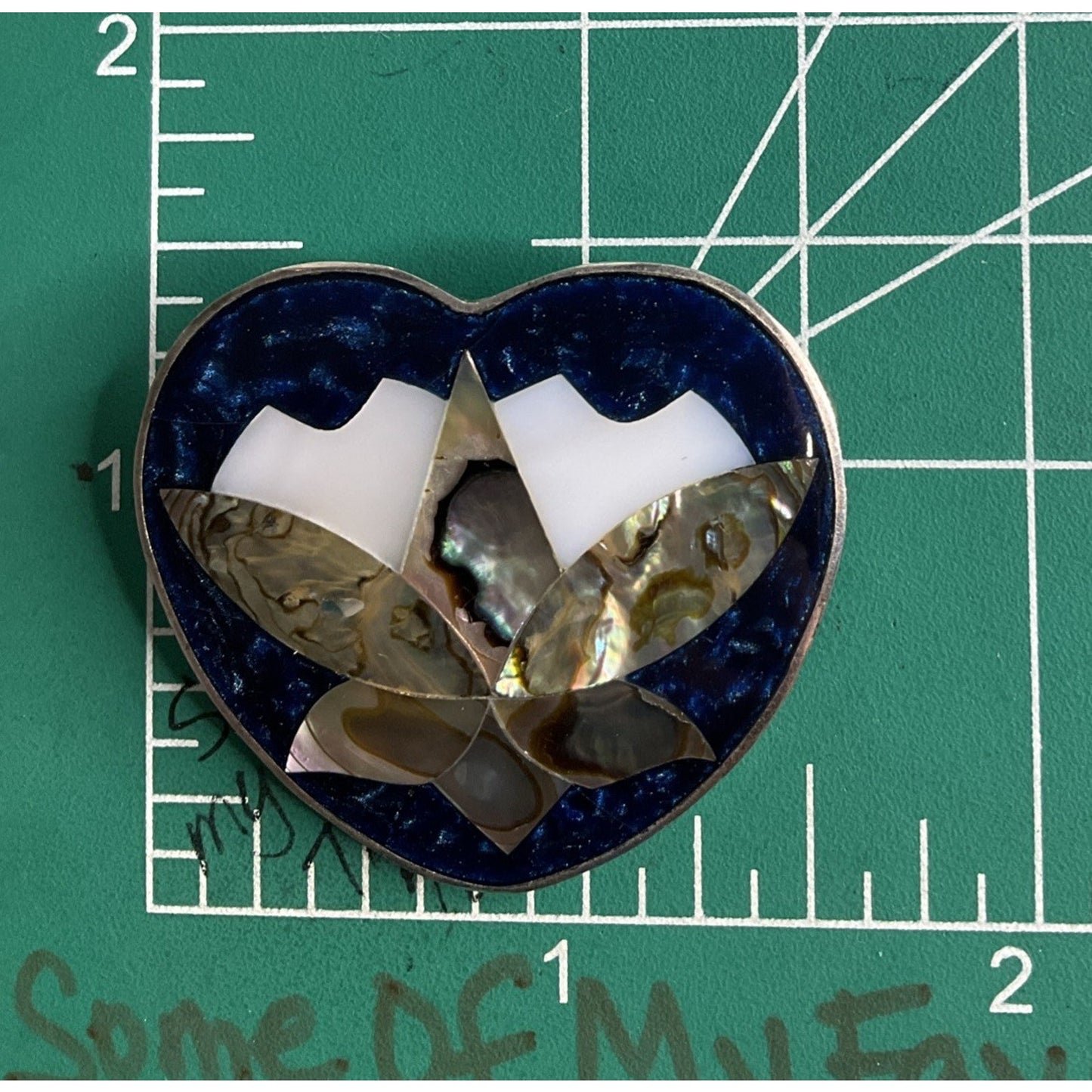 Vintage Alpaca Mexico Abalone Shell Heart Brooch Pin Floral Inlay Mother Pearl