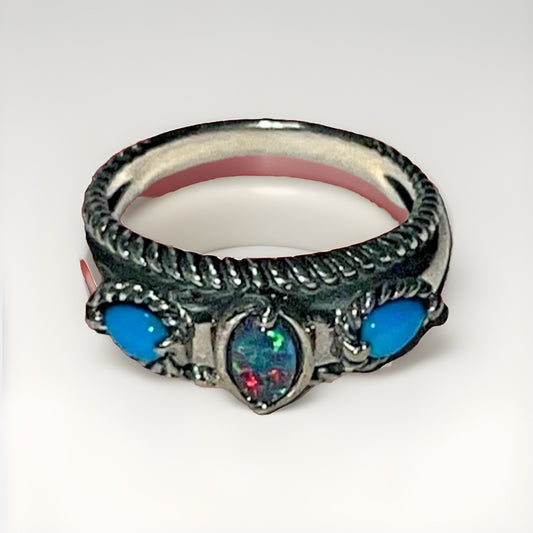 Carolyn Pollack 925 Sterling Opal & Turquoise Ring Southwest Style Size 9.5 - 6g