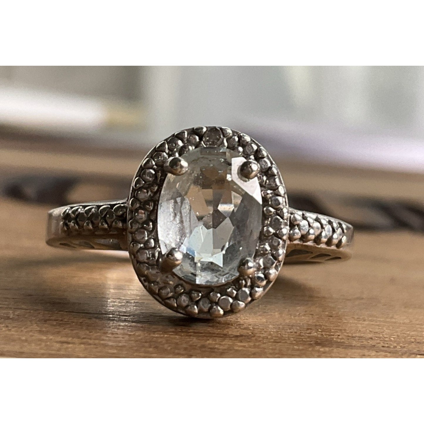 Sterling Silver 925 Oval Clear Stone Halo Ring Size 7.25