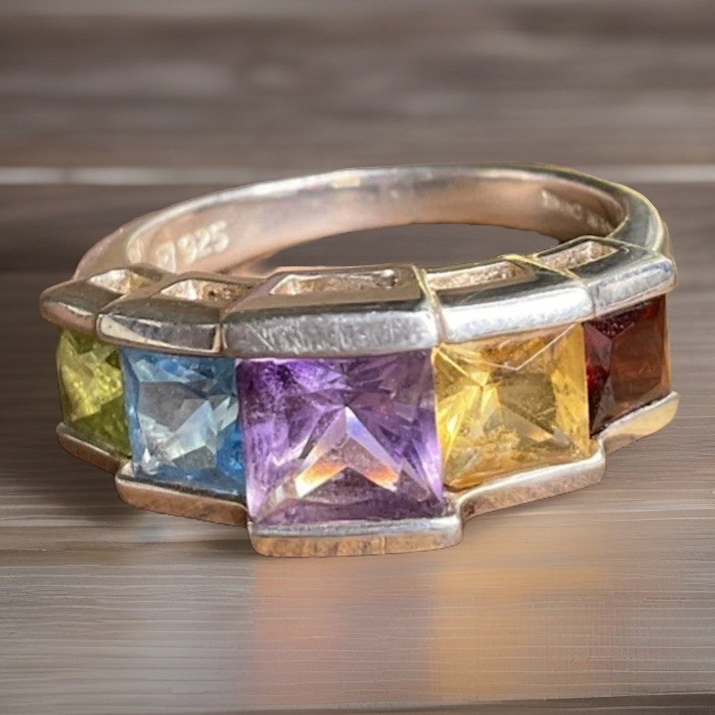 Vintage Sterling Silver Multi Gemstone Ring Rainbow Band Gemstones Ring Sz 7.5