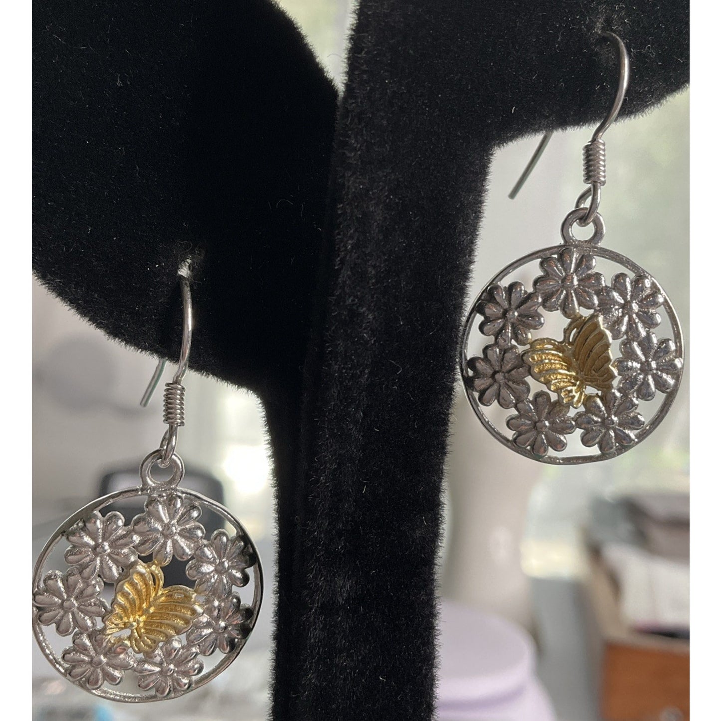 Vintage Sterling Silver Two Tone Butterfly Flower 1.5” Dangle Drop Boho Earrings