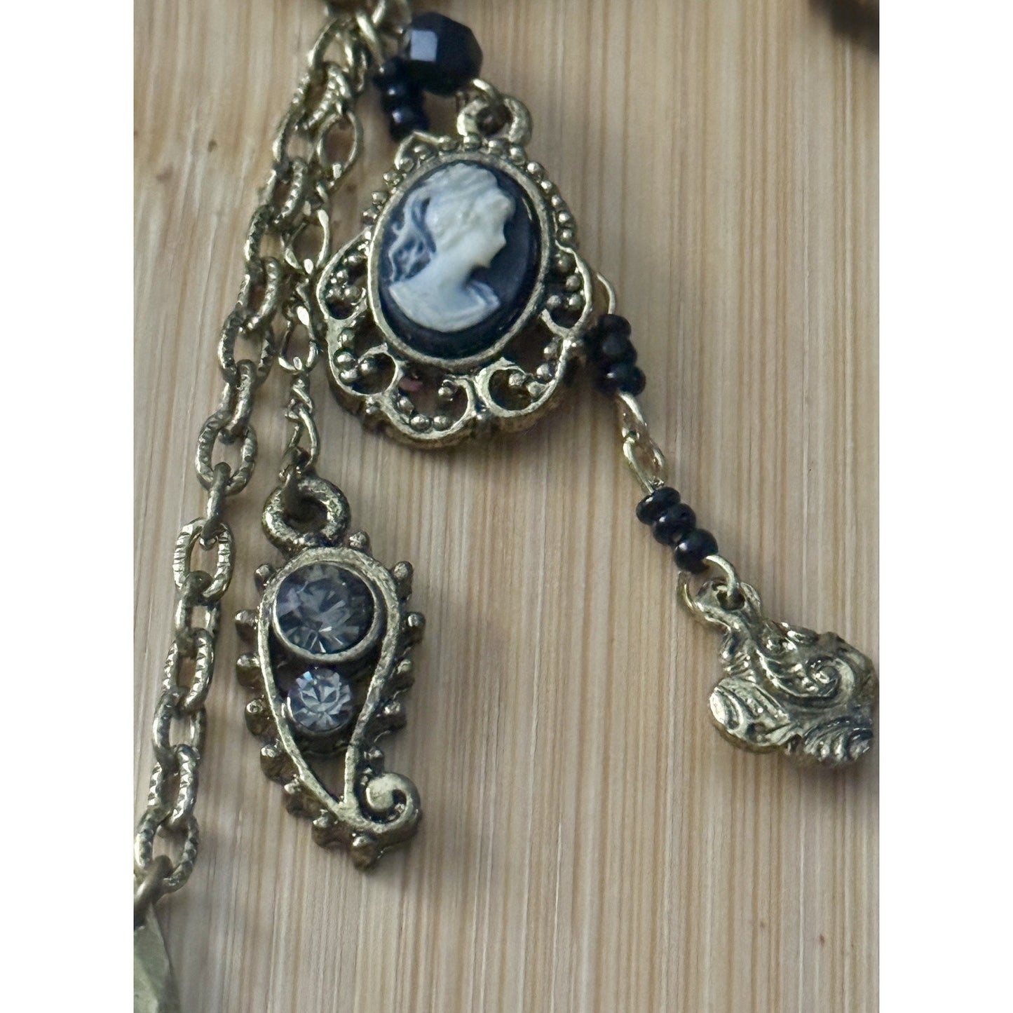 1928 Cameo Tassel Necklace Earrings Set Gold Tone Black Bead Victorian Revival