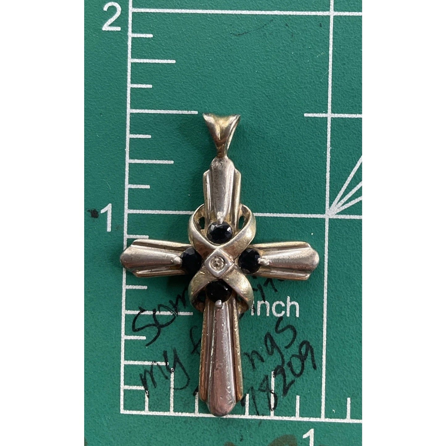 Vintage Sterling Silver Cross Pendant Black Stones W/God All Things Are Possible