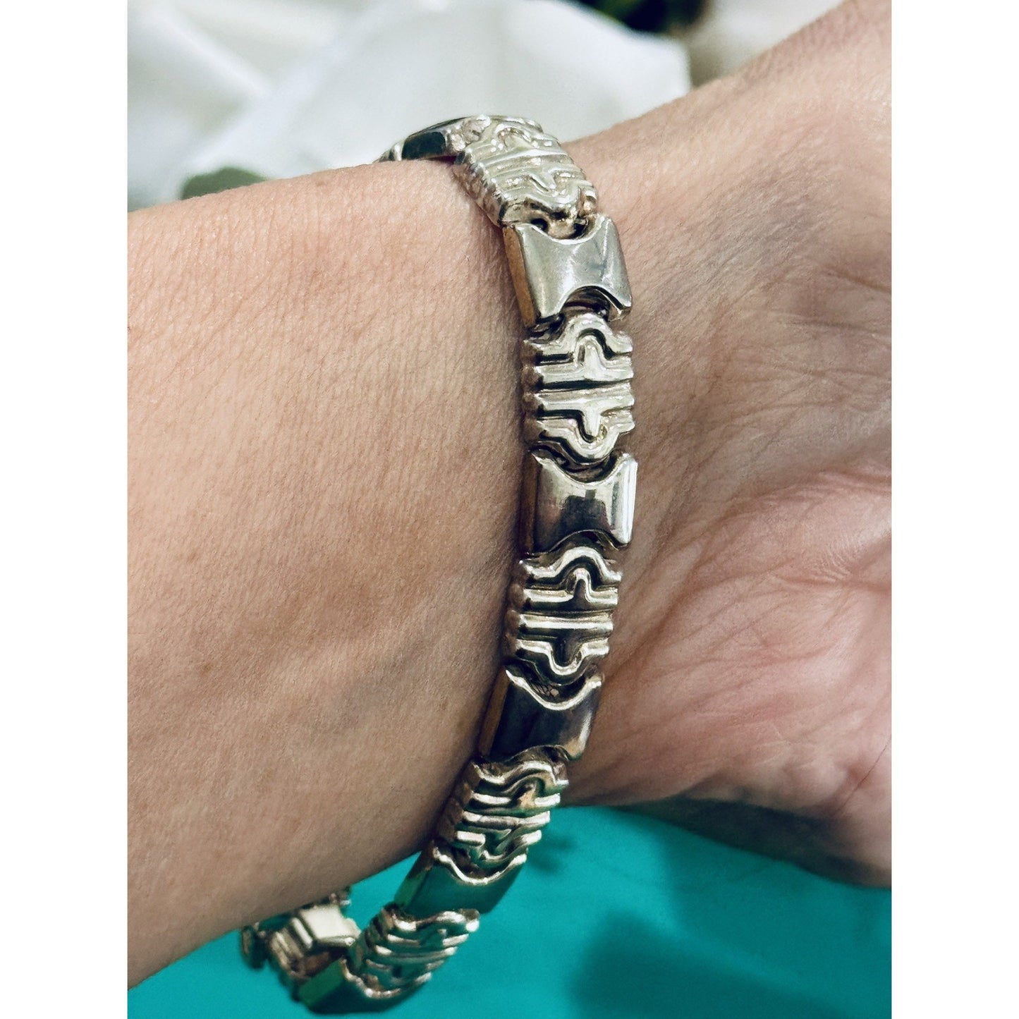 Vintage Italy 925 Sterling Silver Ornate Scroll Panel Link Bracelet 7.5” 16g