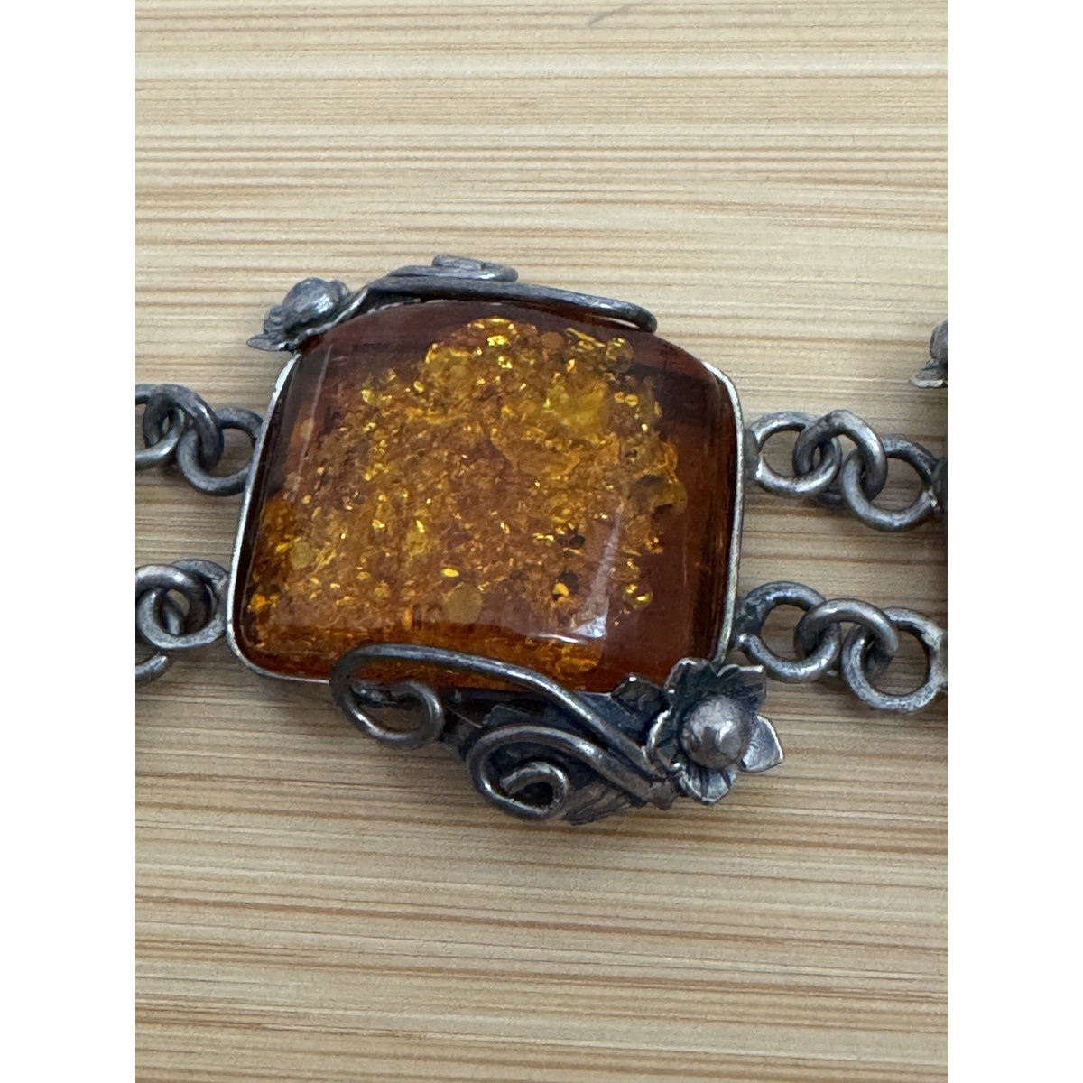 Vintage Baltic Amber Panel Bracelet Sterling Silver Art Nouveau 7 3/4” 51 Grams