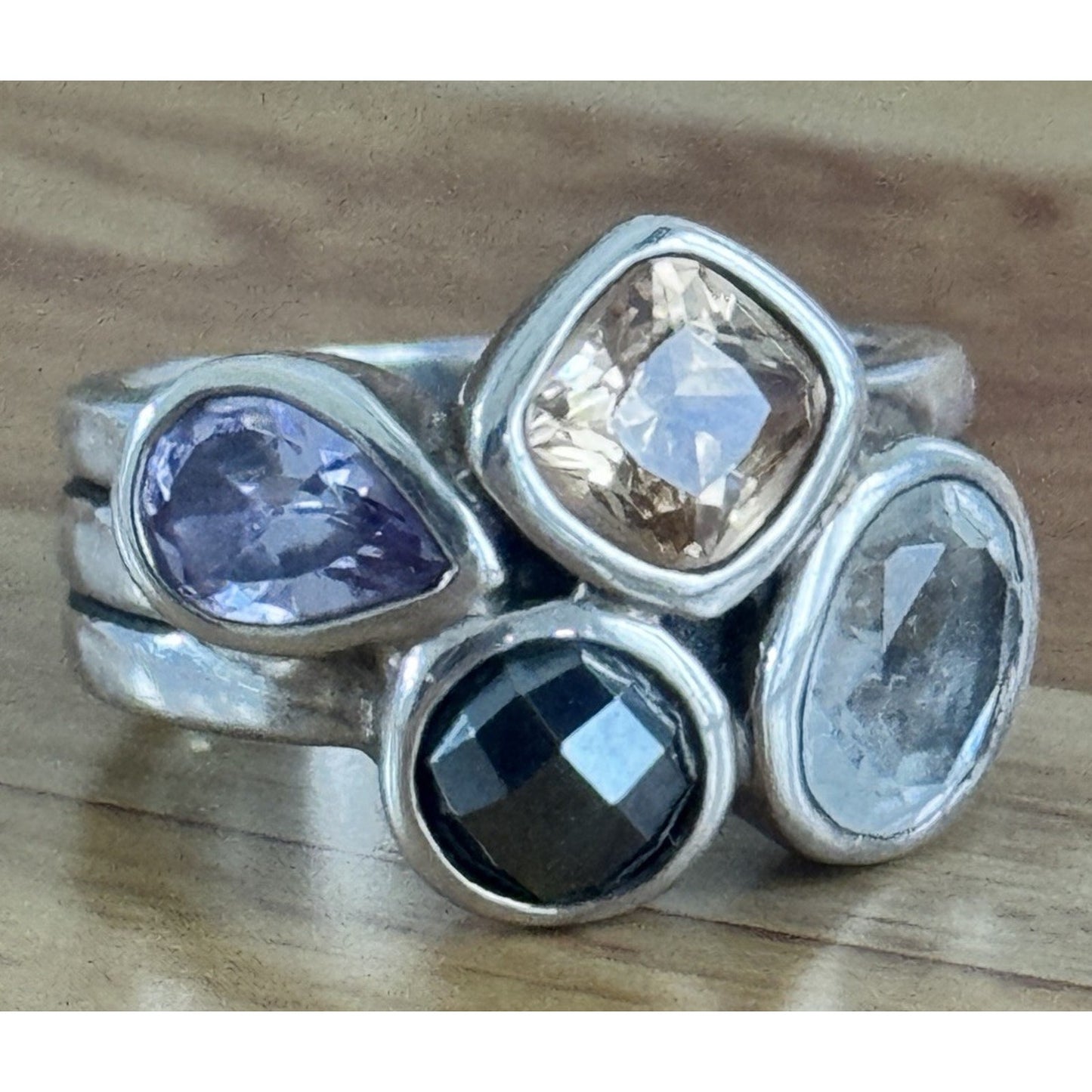 TRB Sterling Silver Cluster Champagne Topaz Iolite Black Spinel White Topaz 6.5