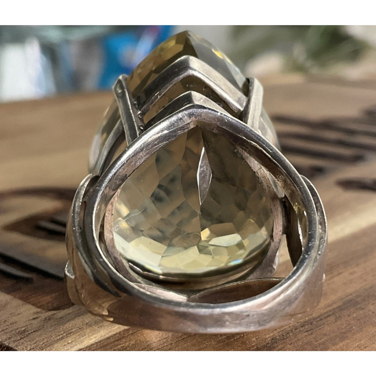 Vintage Sterling Silver Pear Cut Yellow Quartz Cocktail Statement 28g Ring 8.5