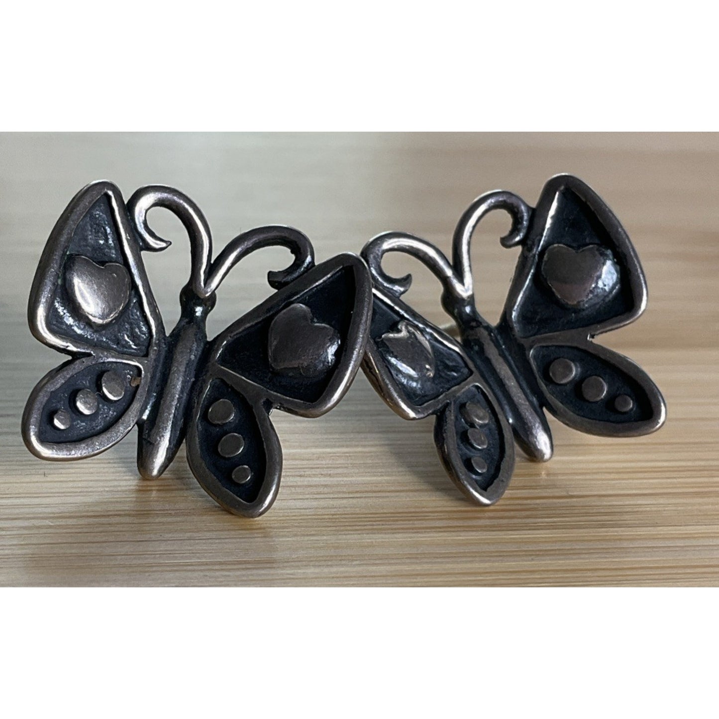 Vintage Sterling Silver Butterfly Heart Mariposa Pierced Earrings Oxidized
