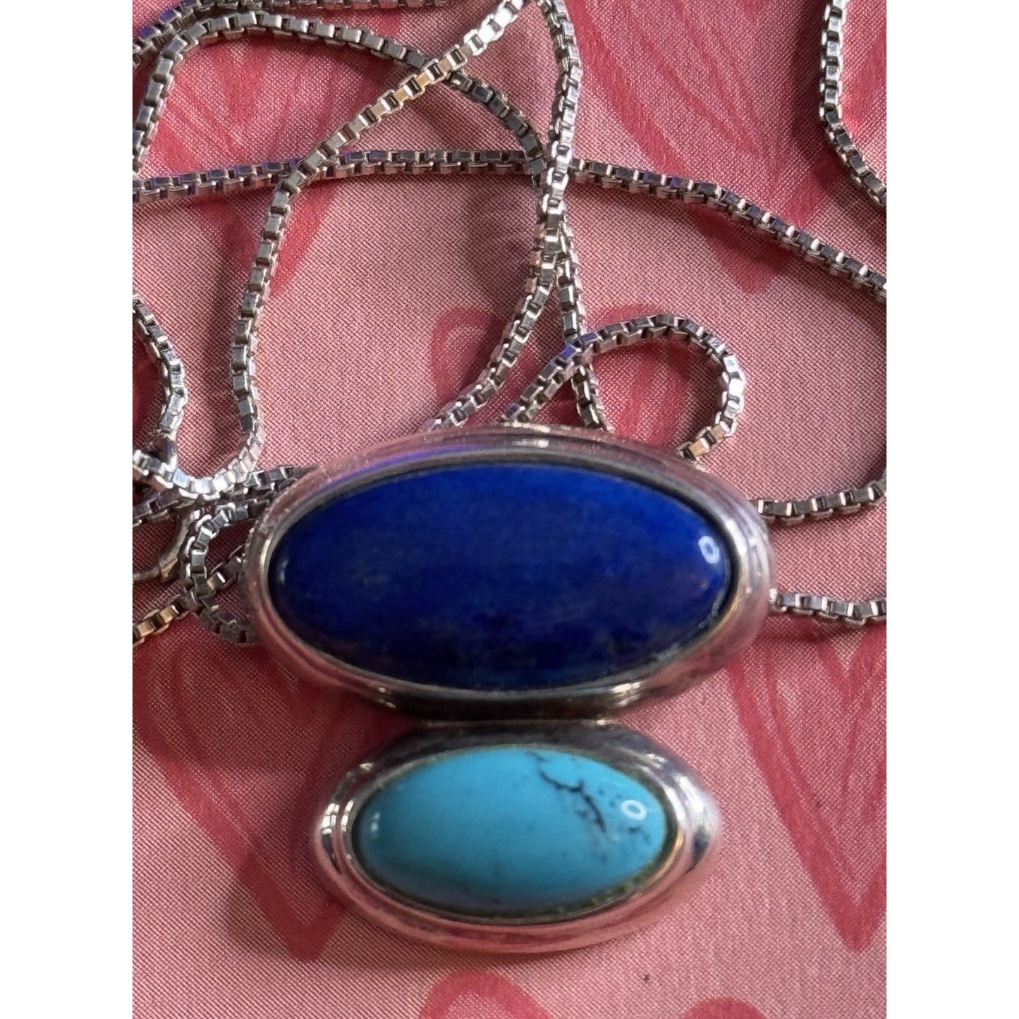 Vintage Sterling Silver Double Stone Pendant w/ Lapis & Turquoise On 926 Chain