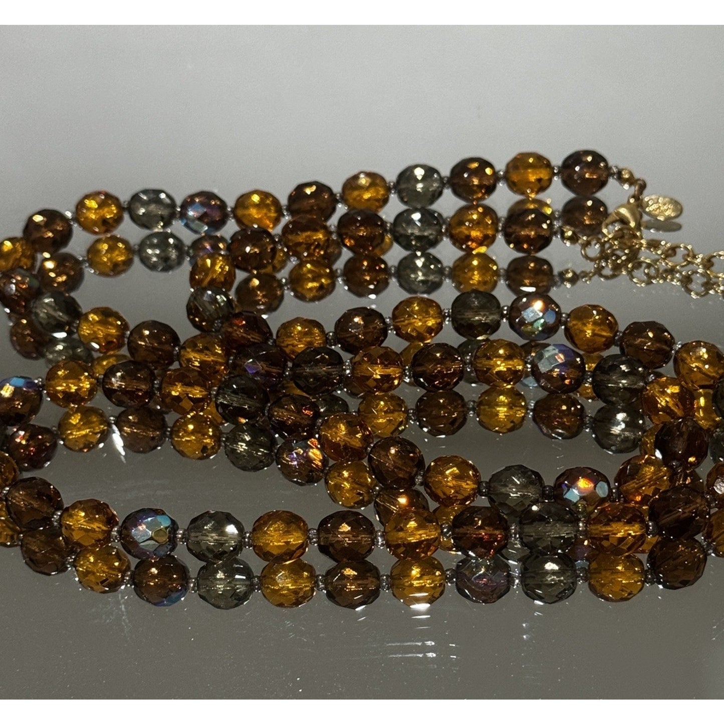 Vintage Signed Joan Rivers Amber Gray Smoky Glass & AB Crystal Bead 32” Necklace