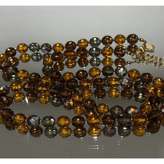 Vintage Signed Joan Rivers Amber Gray Smoky Glass & AB Crystal Bead 32” Necklace