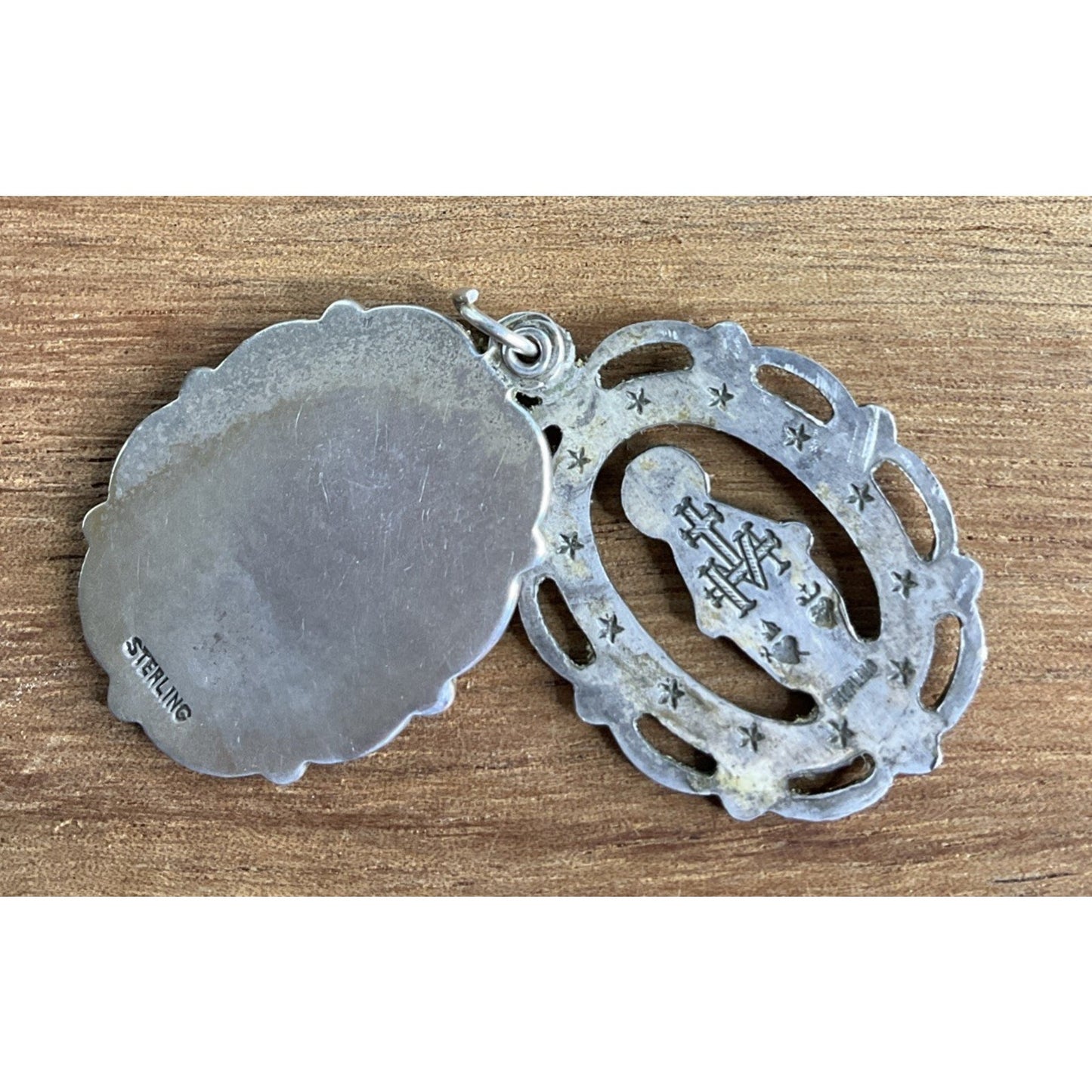 Vintage Sterling Silver Miraculous Mary Pendant Ornate Frame Catholic Charm