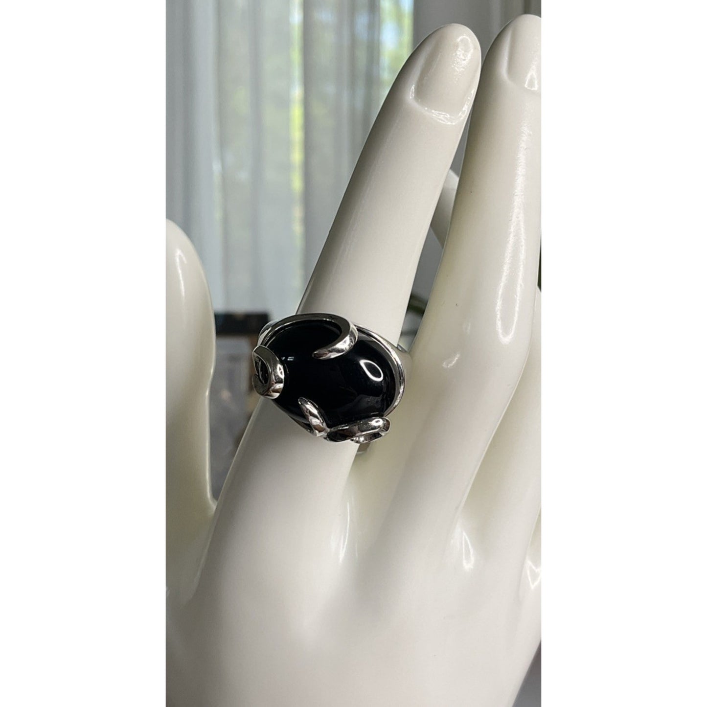 KN 925 Sterling Silver Black Onyx Ring Size 7.5 Large Cabochon