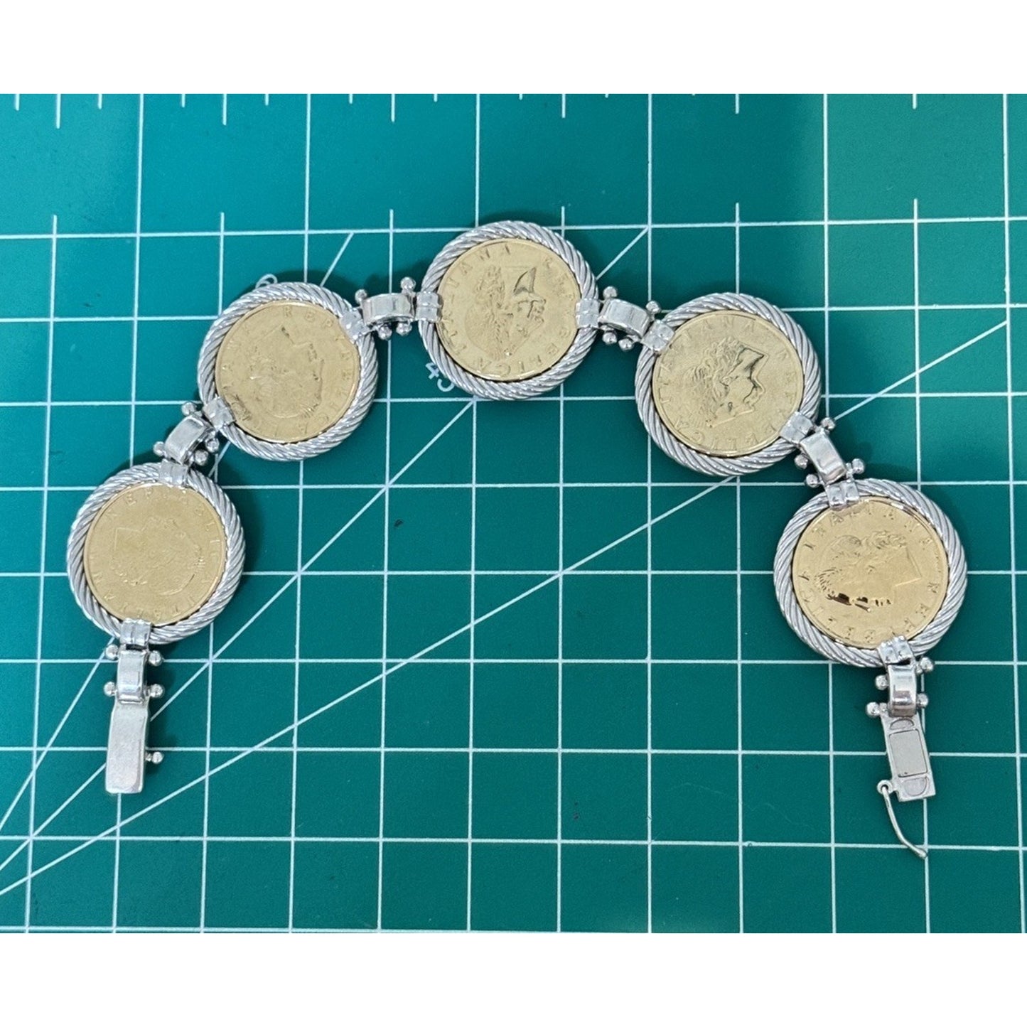 Vintage Italian Sterling Silver Bracelet Five Genuine Italian 20 Lire Coins 44g