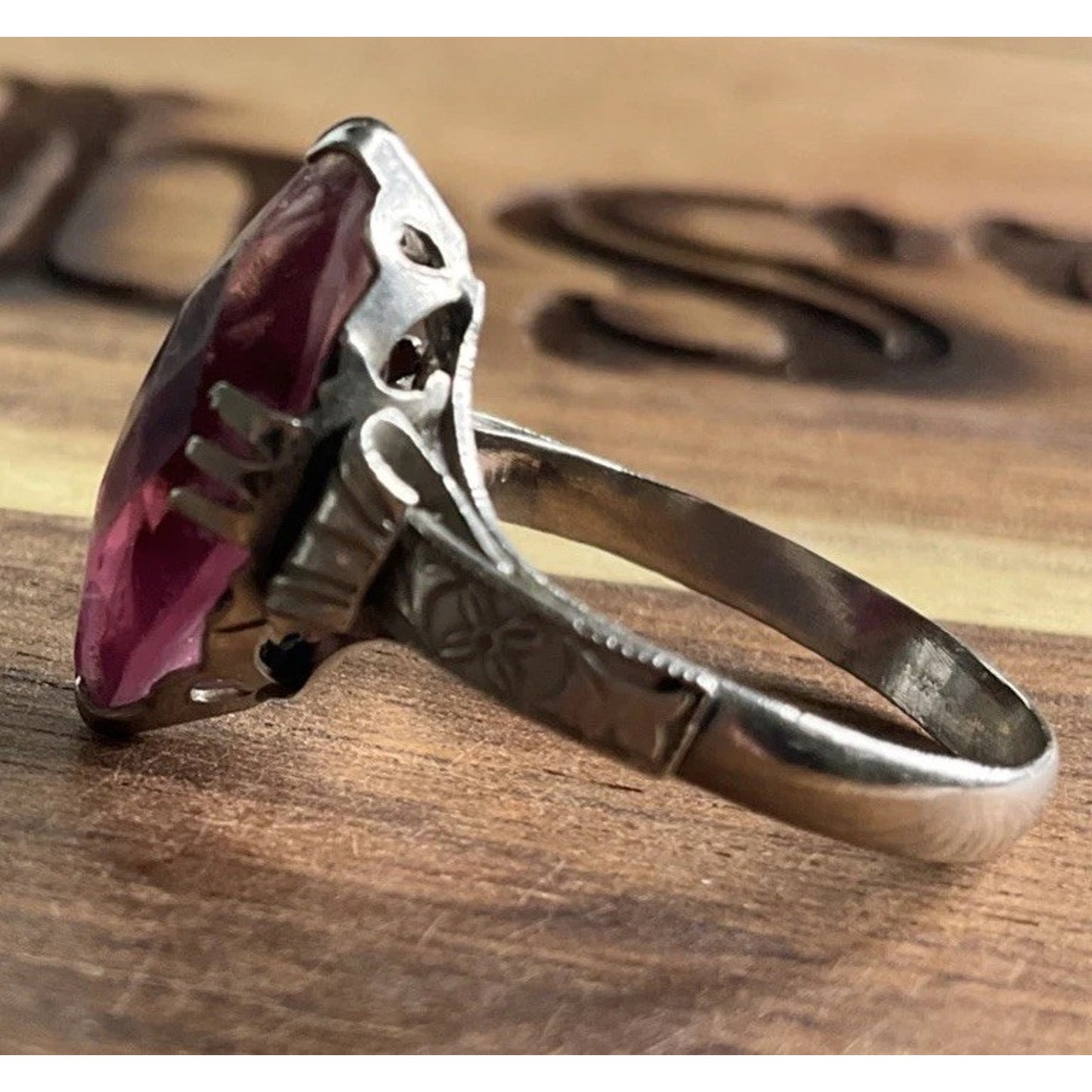 Vintage Sterling Silver Pink Marquise Stone Ring 925 Statement Ring Size 7