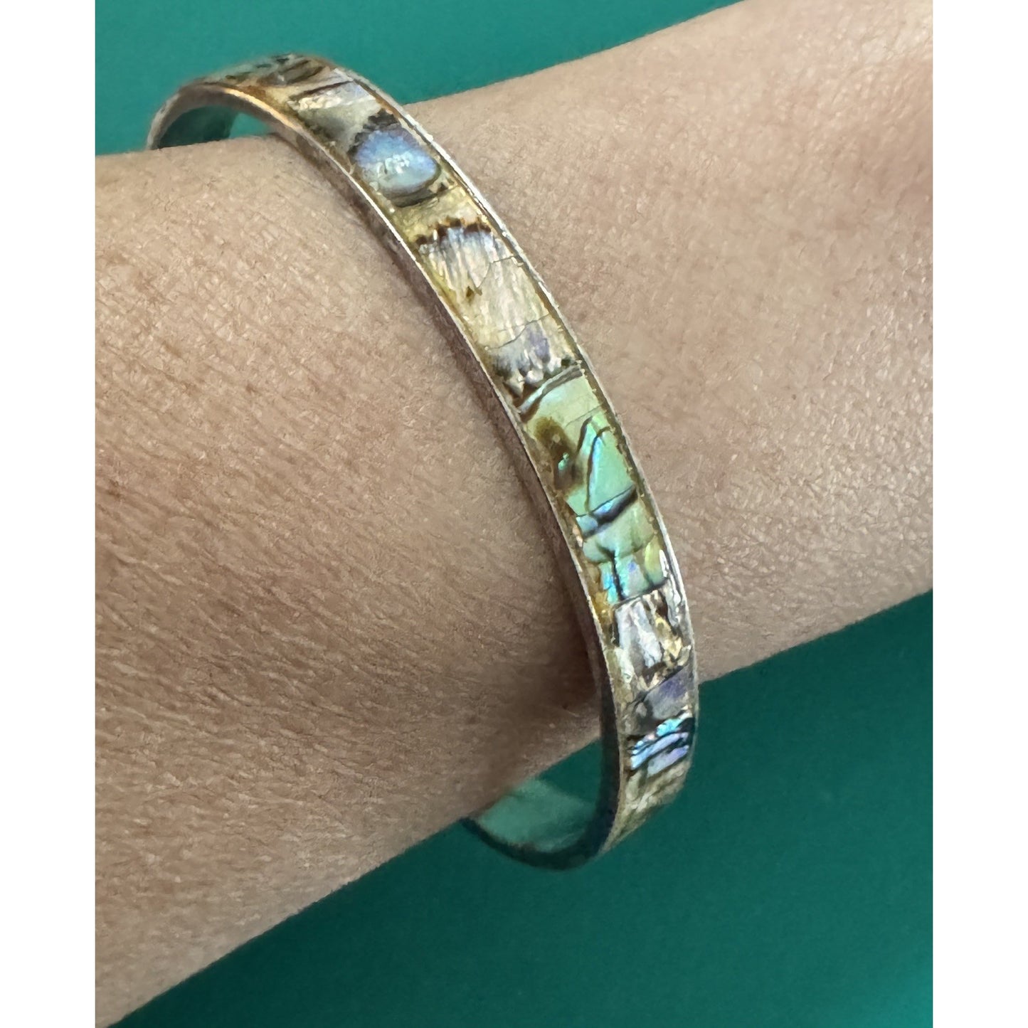 Vintage Abalone Shell Mosaic Inlay Silver Tone Cuff Bracelet 15g Adjustable