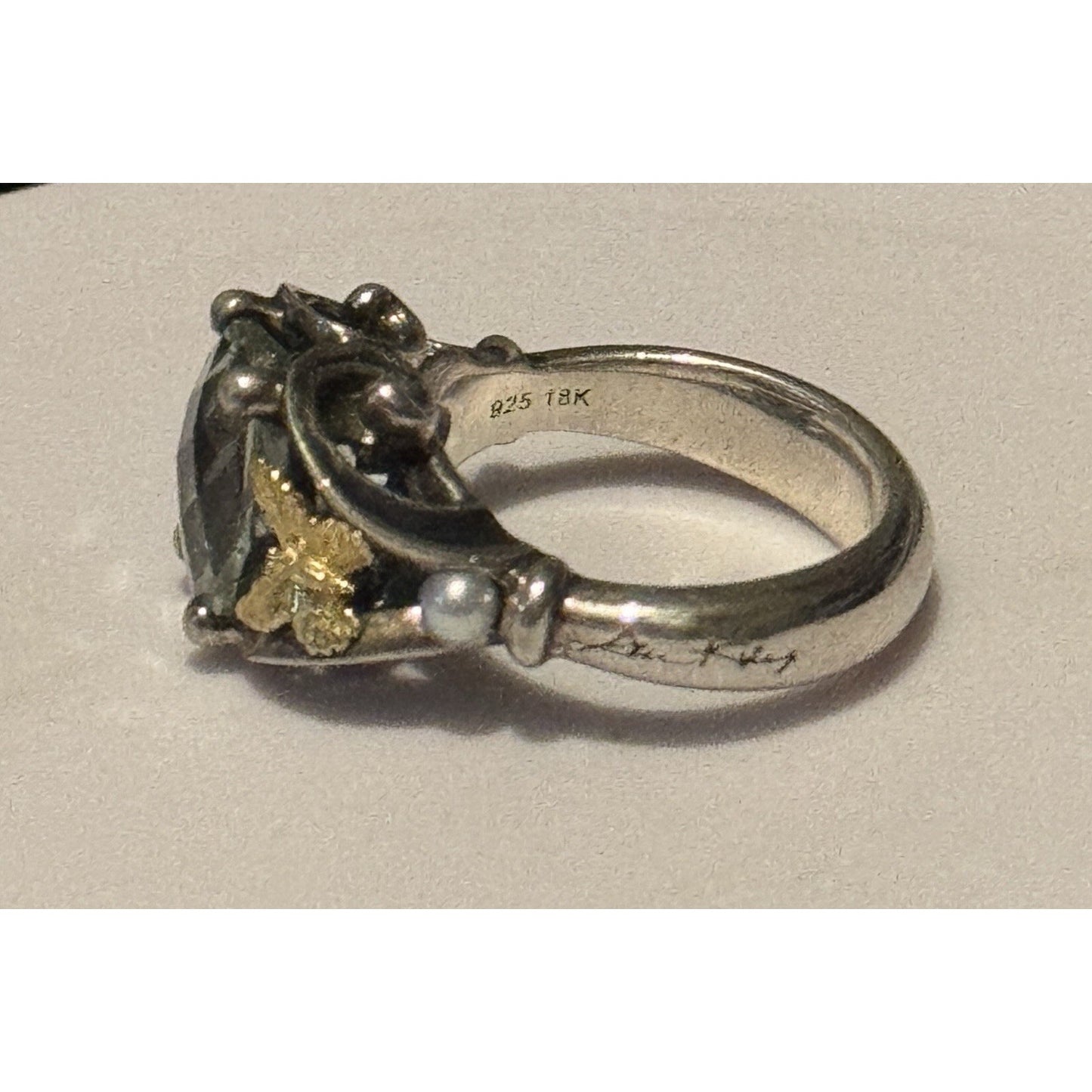 Vintage Ann King 925 18K Green Amethyst Prasiolite Pearl Butterfly Ring Sz 8.5
