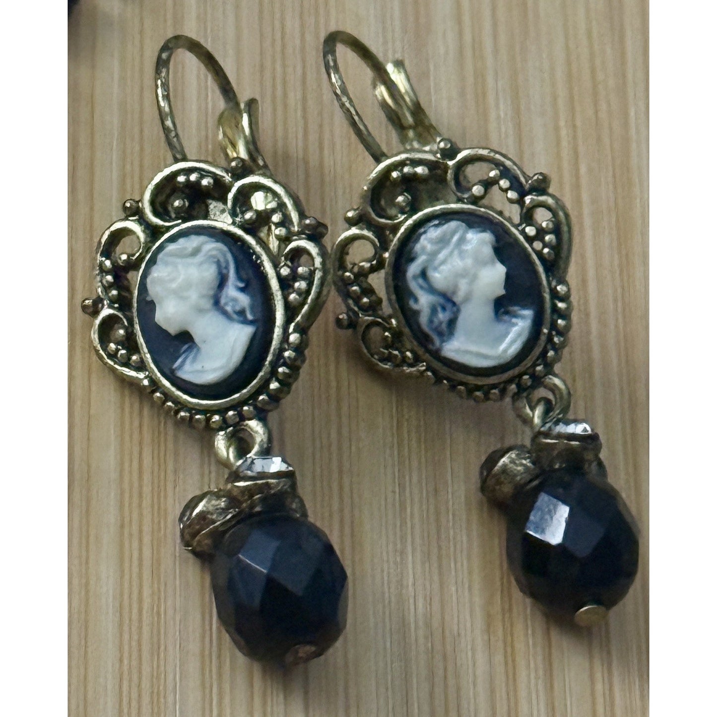 1928 Cameo Tassel Necklace Earrings Set Gold Tone Black Bead Victorian Revival