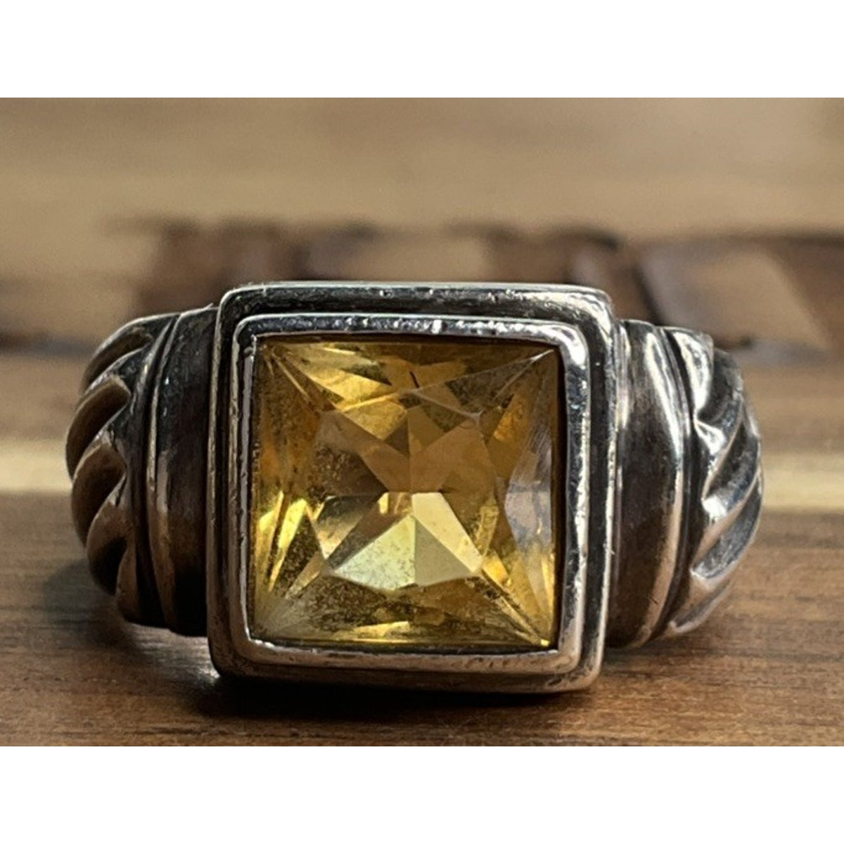 Vintage 925 Citrine Faceted Gemstone Ring Sterling Silver Bezel Setting Size 6