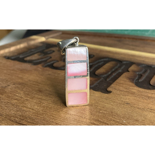 Vintage 925 Sterling Silver Pink Mother of Pearl Inlay Pendant Rectangular
