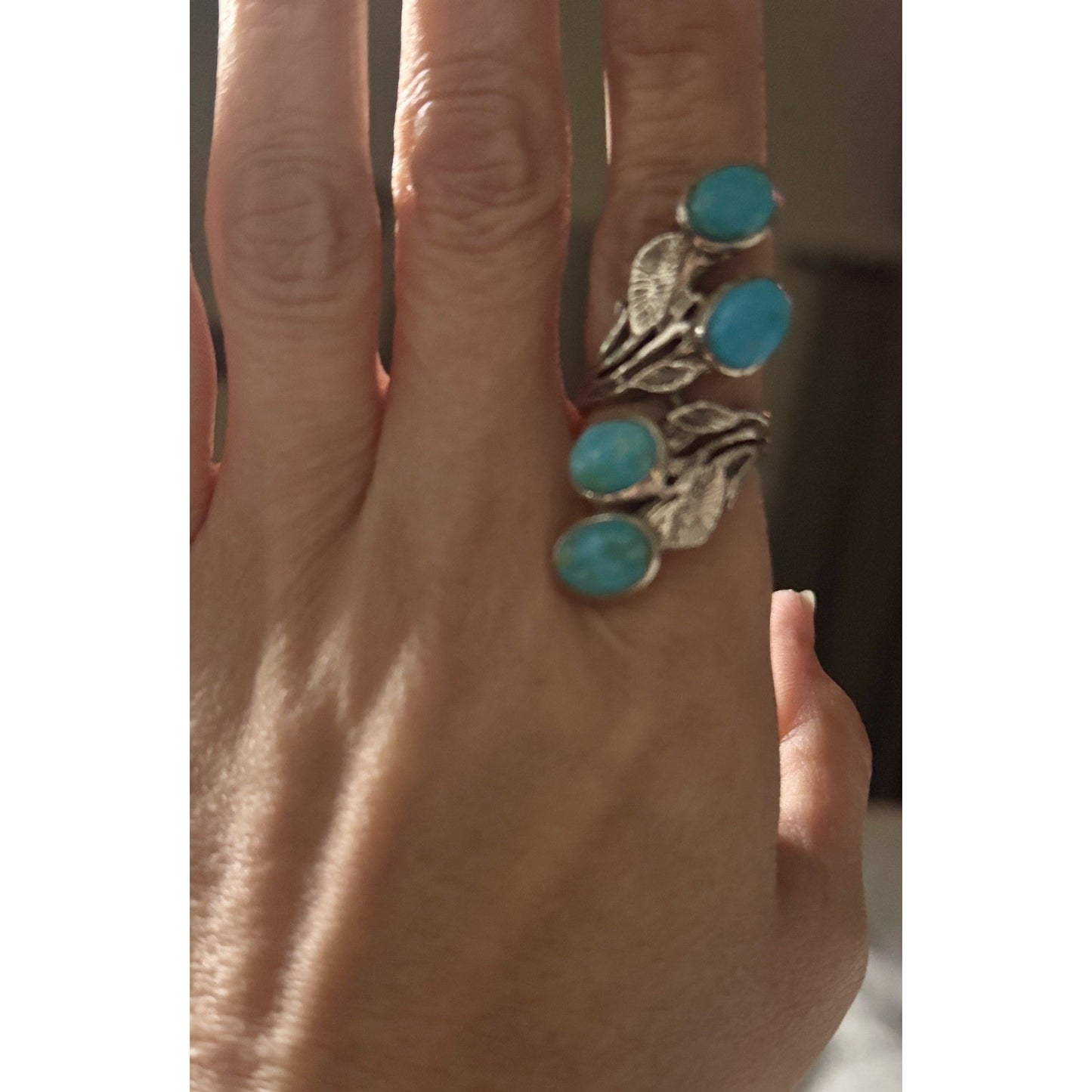 Vintage 925 Sterling Silver Long Turquoise Cabochon Statement Ring Size 7.5