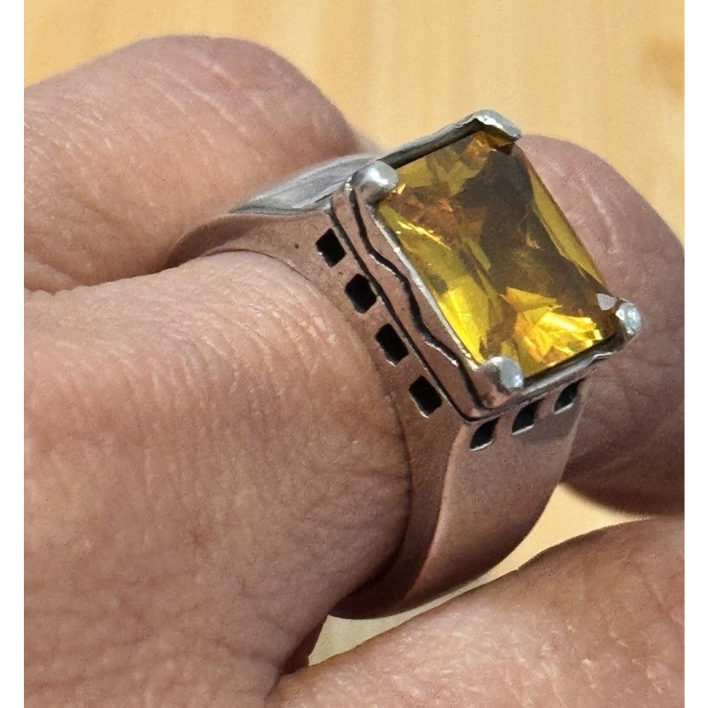 Vintage EX EX Sterling Silver 4-5 Carat Citrine Emerald Cut 925 Ring Size 8, 15g