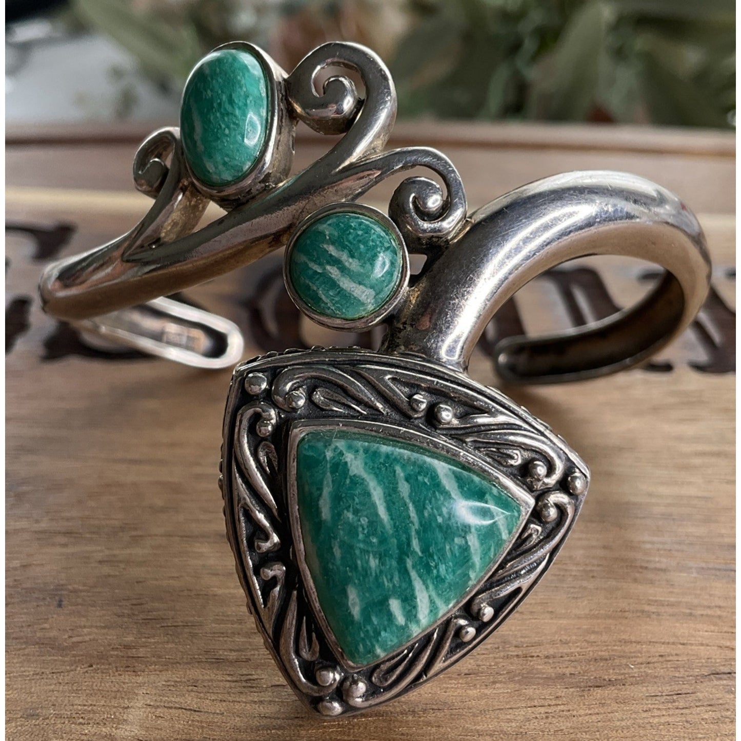 Vintage Sterling Southwestern Silver Signed NK Amazonite Cuff Bracelet 37 Grams!