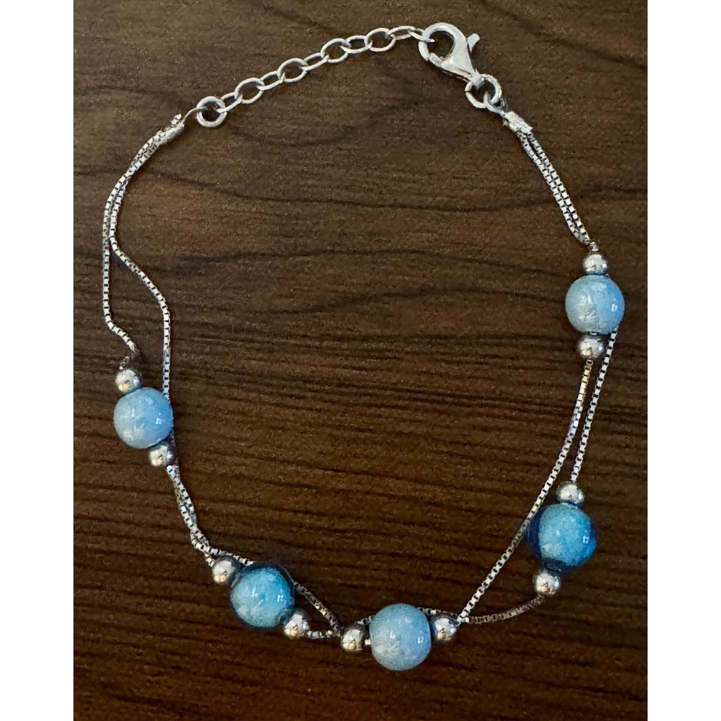 925 Sterling Silver Double Strand Bracelet Blue Glass & Crackle Glass Beads 7”