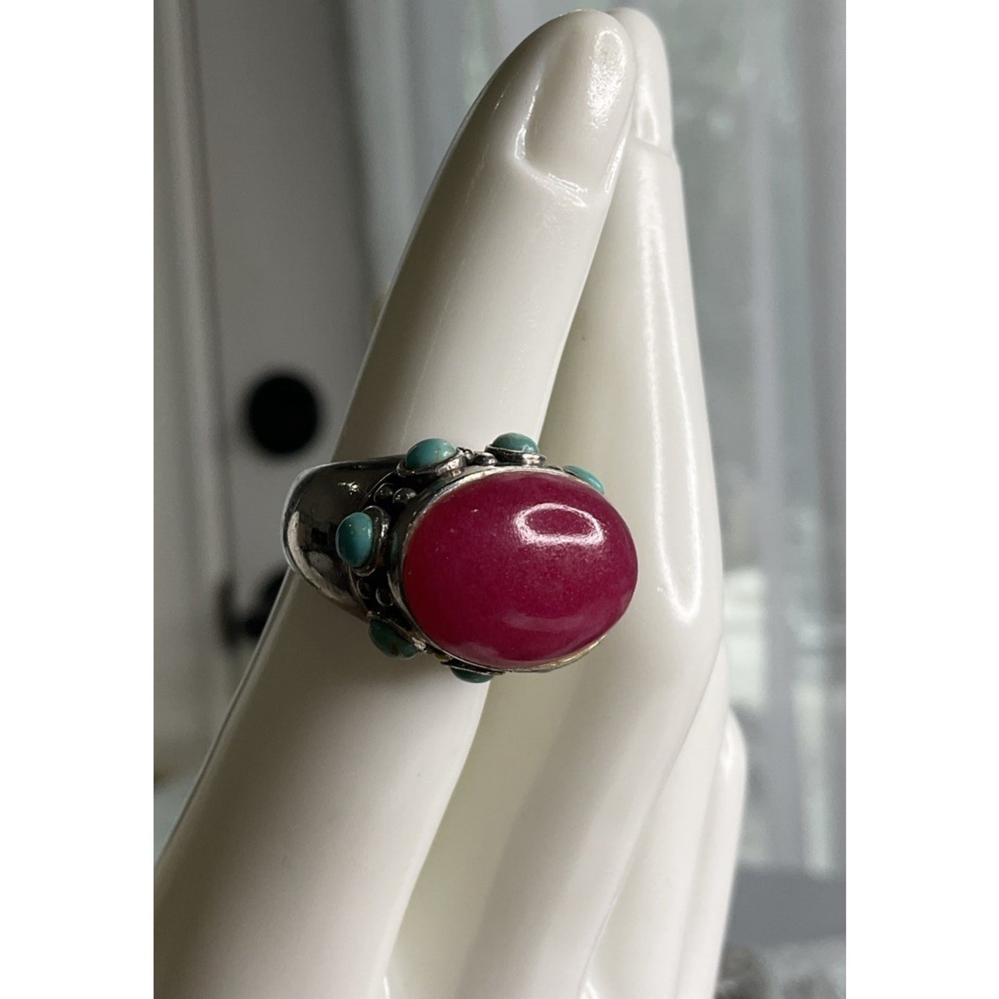 Sterling Silver 925 Pink Stone Turquoise Ring Statement Wide Band Size 5.5