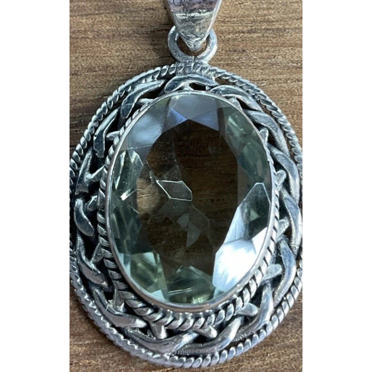 Vintage Prasiolite Sterling Silver Green Amethyst Oval Pendant And 925 Necklace