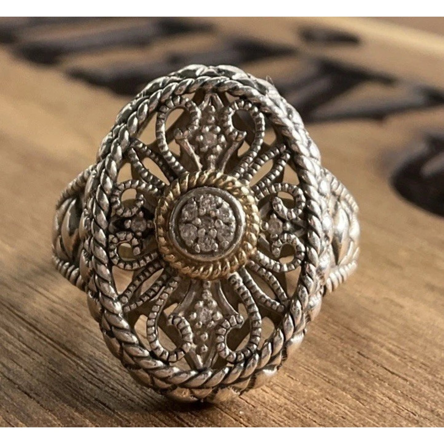 ATR 925 14K Gold Diamond Sterling Silver Ring Thailand Ornate Size 7.25