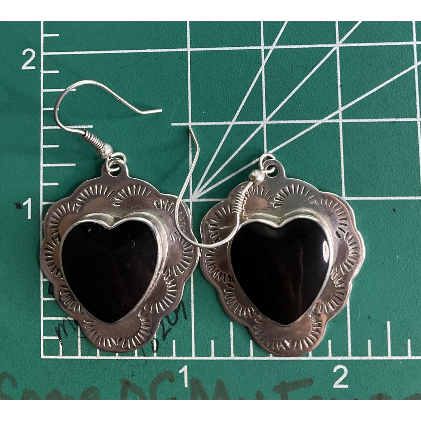 Vintage Native American Sterling 925 Black Onyx Heart Earrings Southwest 90s 13g