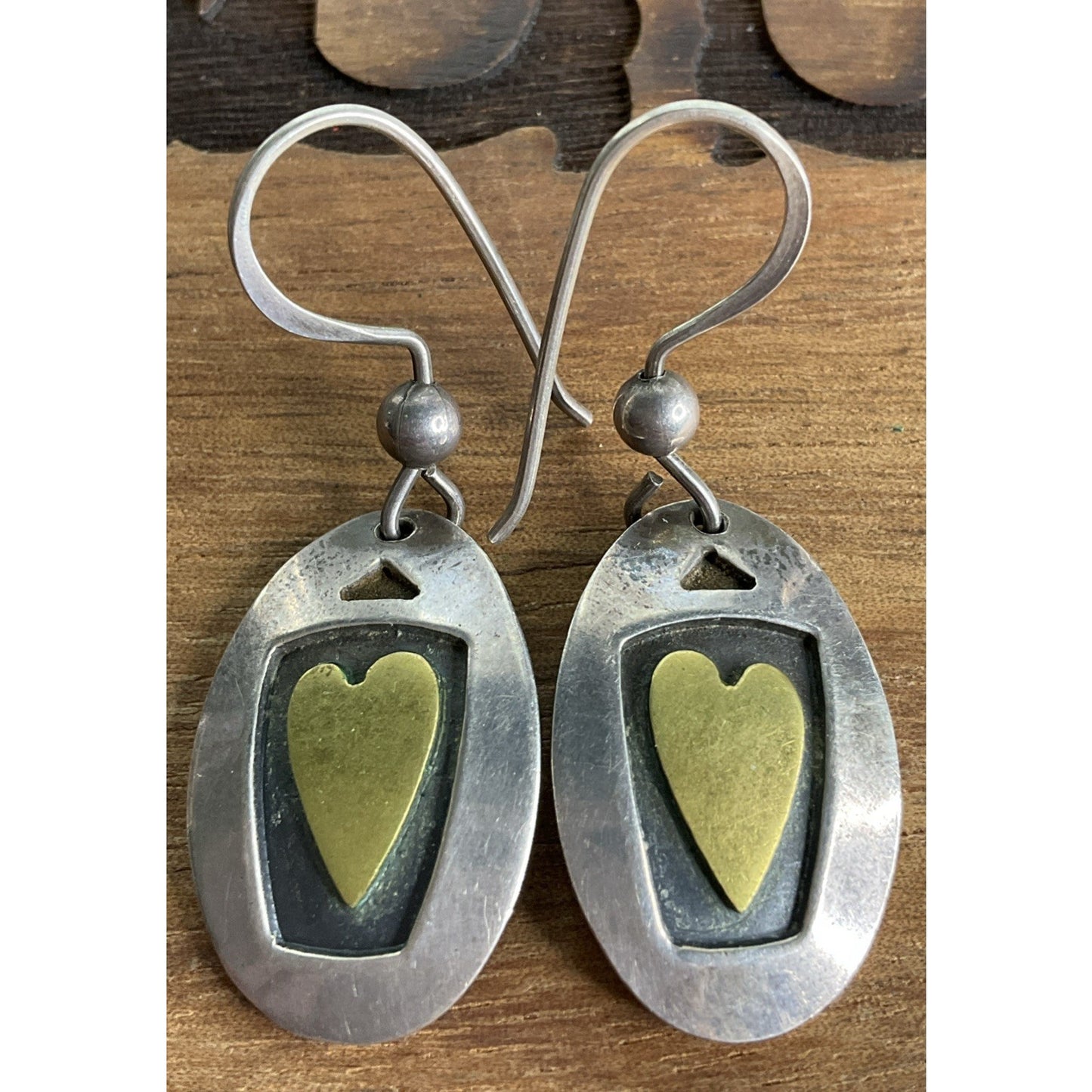 Vintage Two Tone Heart Sterling Silver And Gold Dangle Drop Earrings Signed FF