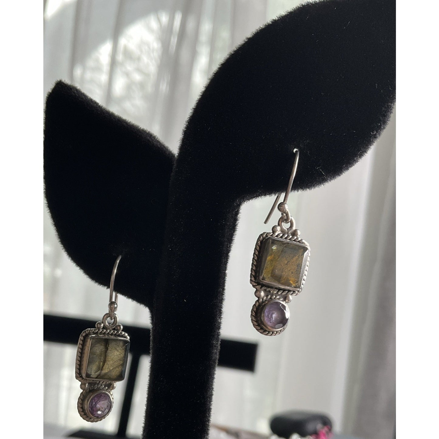 Sterling Silver Labradorite Amethyst Dangle Earrings 925 India