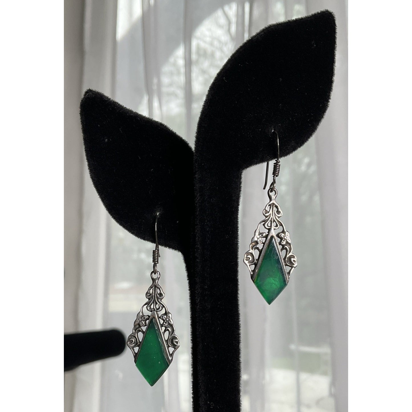 Vintage Green Onyx Art Nouveau Vines Sterling Silver Earrings