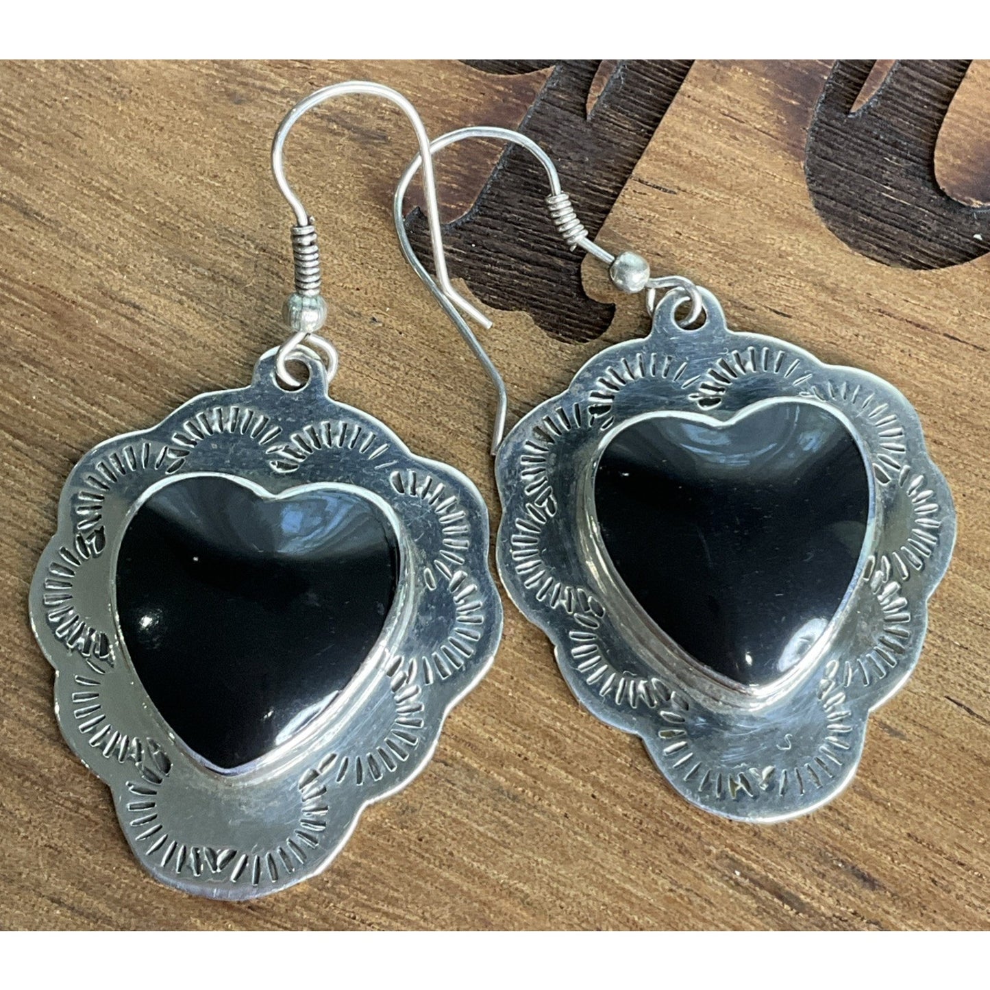 Vintage Native American Sterling 925 Black Onyx Heart Earrings Southwest 90s 13g