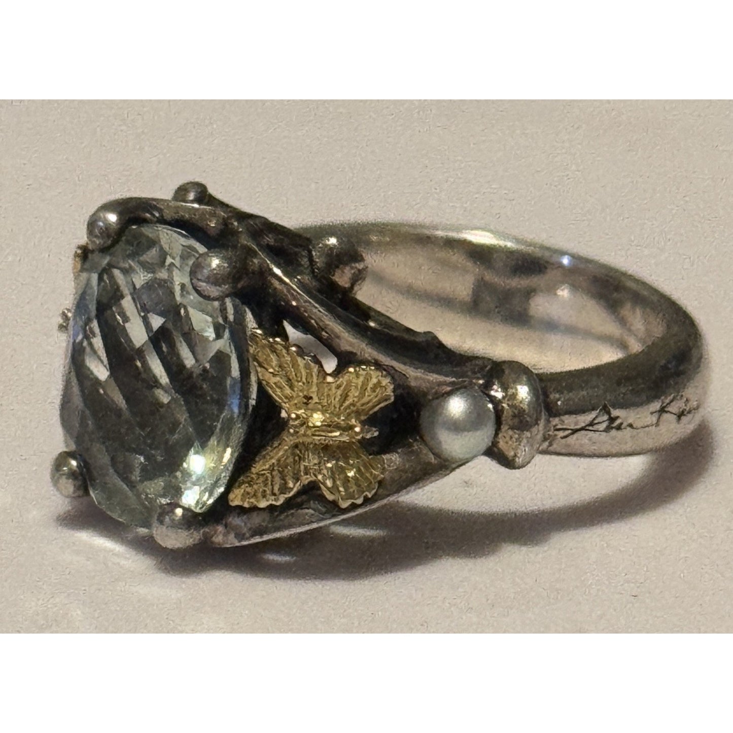 Vintage Ann King 925 18K Green Amethyst Prasiolite Pearl Butterfly Ring Sz 8.5