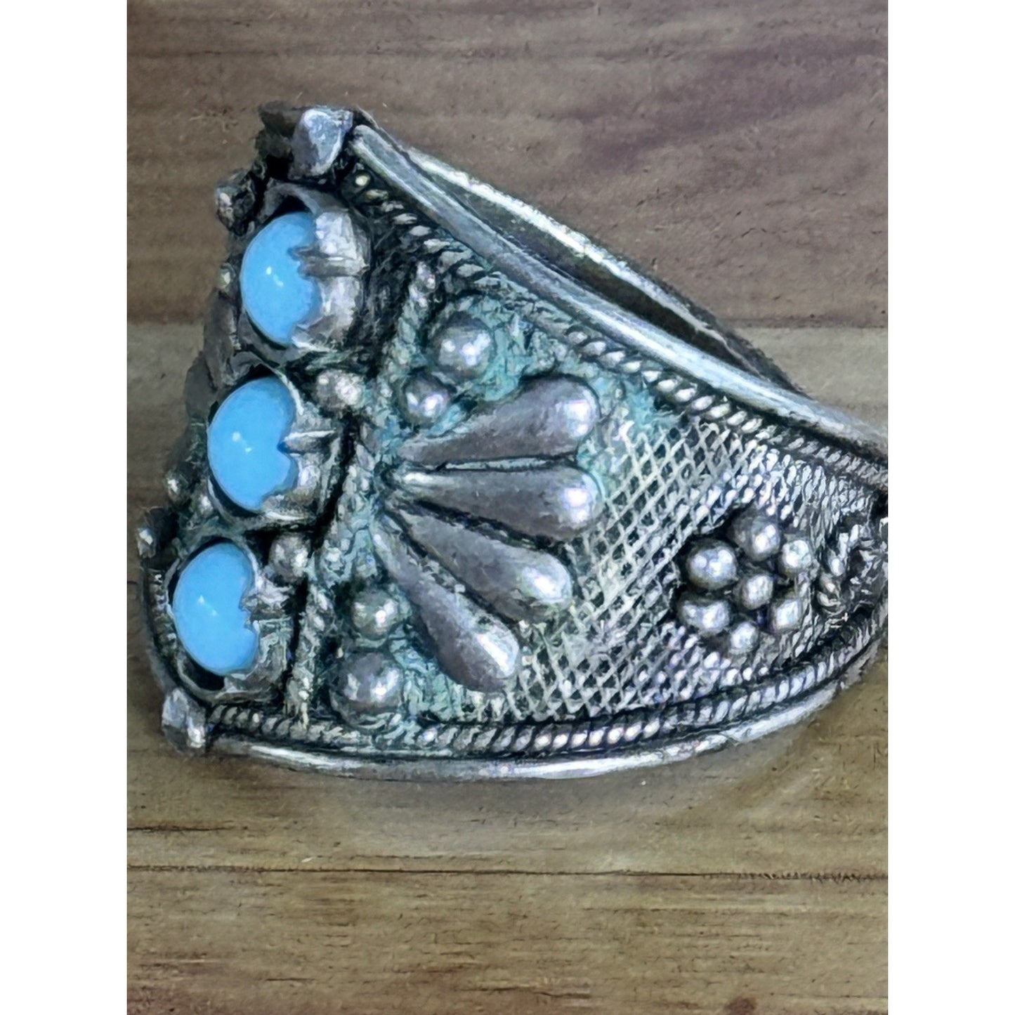 Vintage Tribal Sterling Silver 3 Stone Turquoise Saddle Ring Afghan Kuchi Sz 8